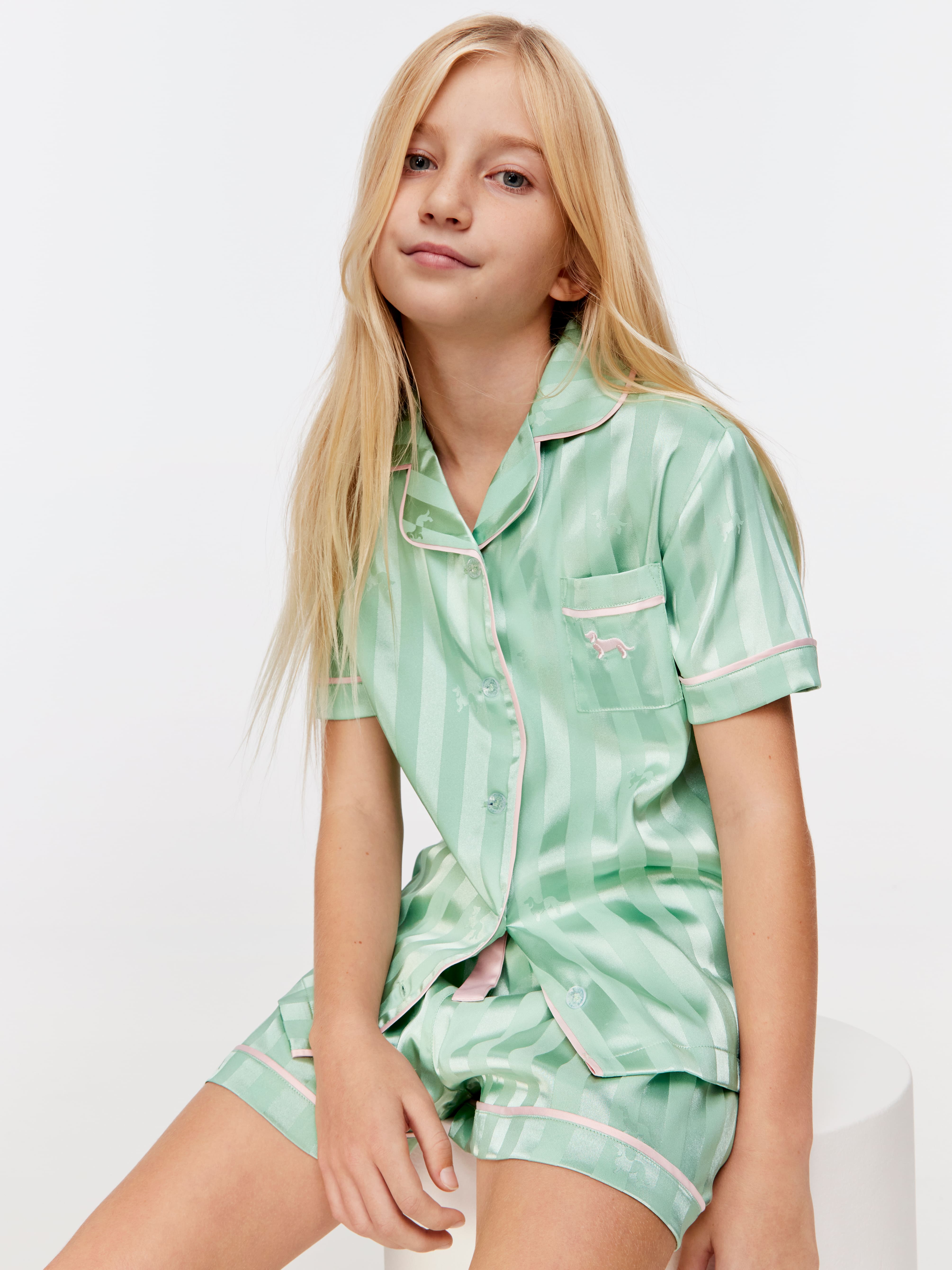 Girls Sage Penny Stripe Chic Satin Pj Set Sage Peter Alexander Online