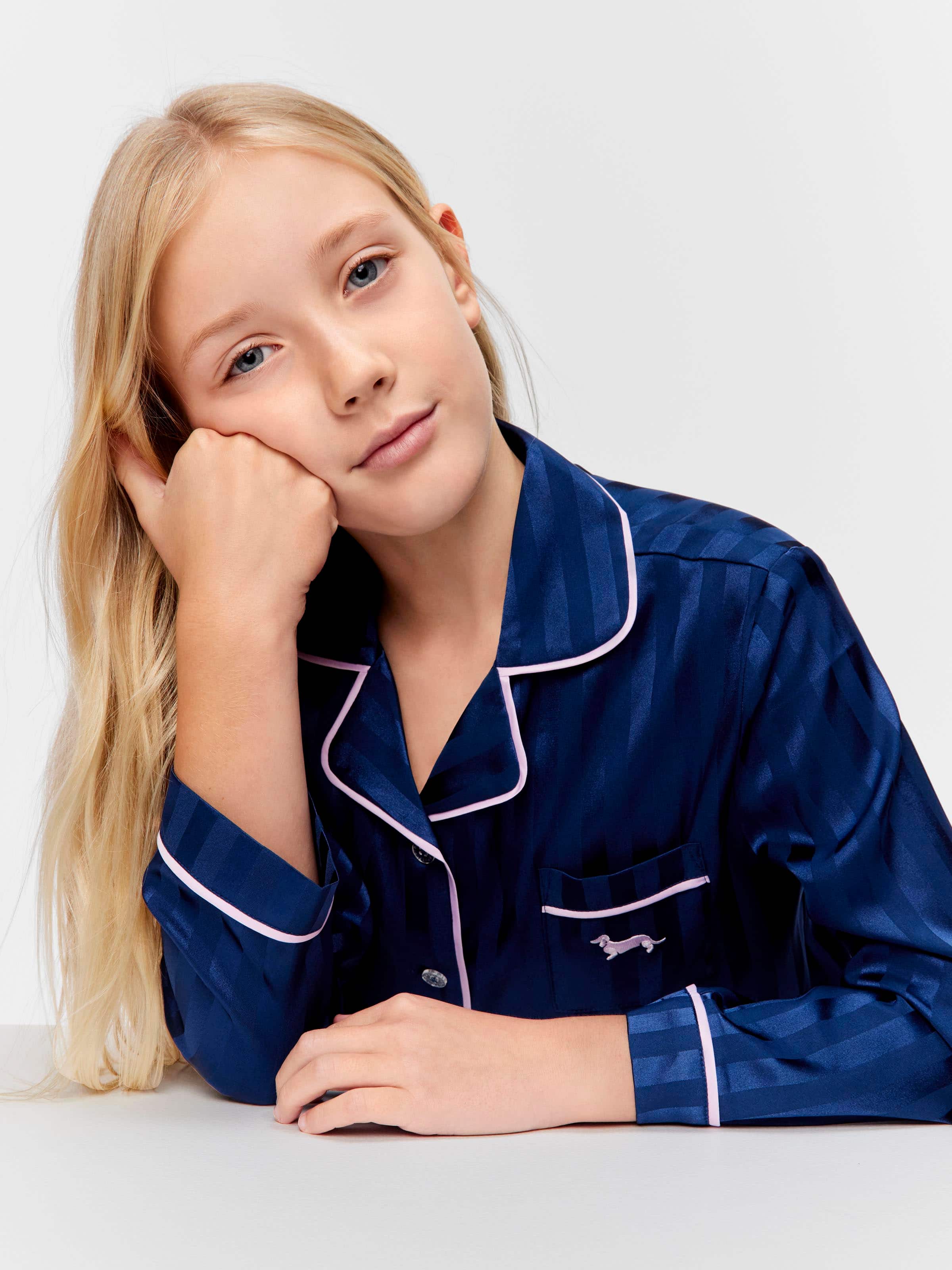 Girls Navy Classic Satin Pj Set