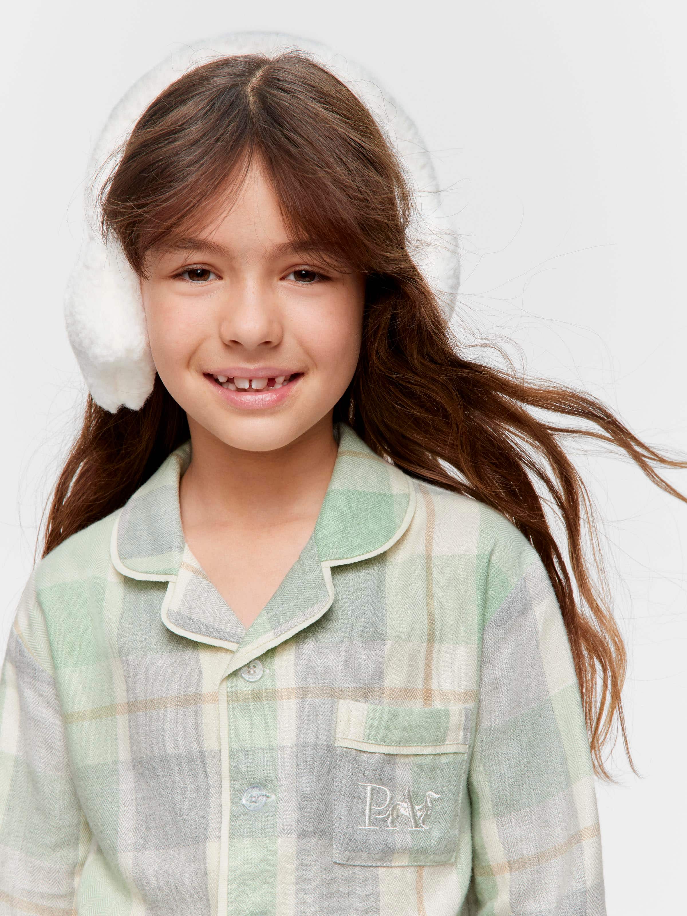 Jnr Kids Mint Check Bamboo Flannelette Classic Pj Set
