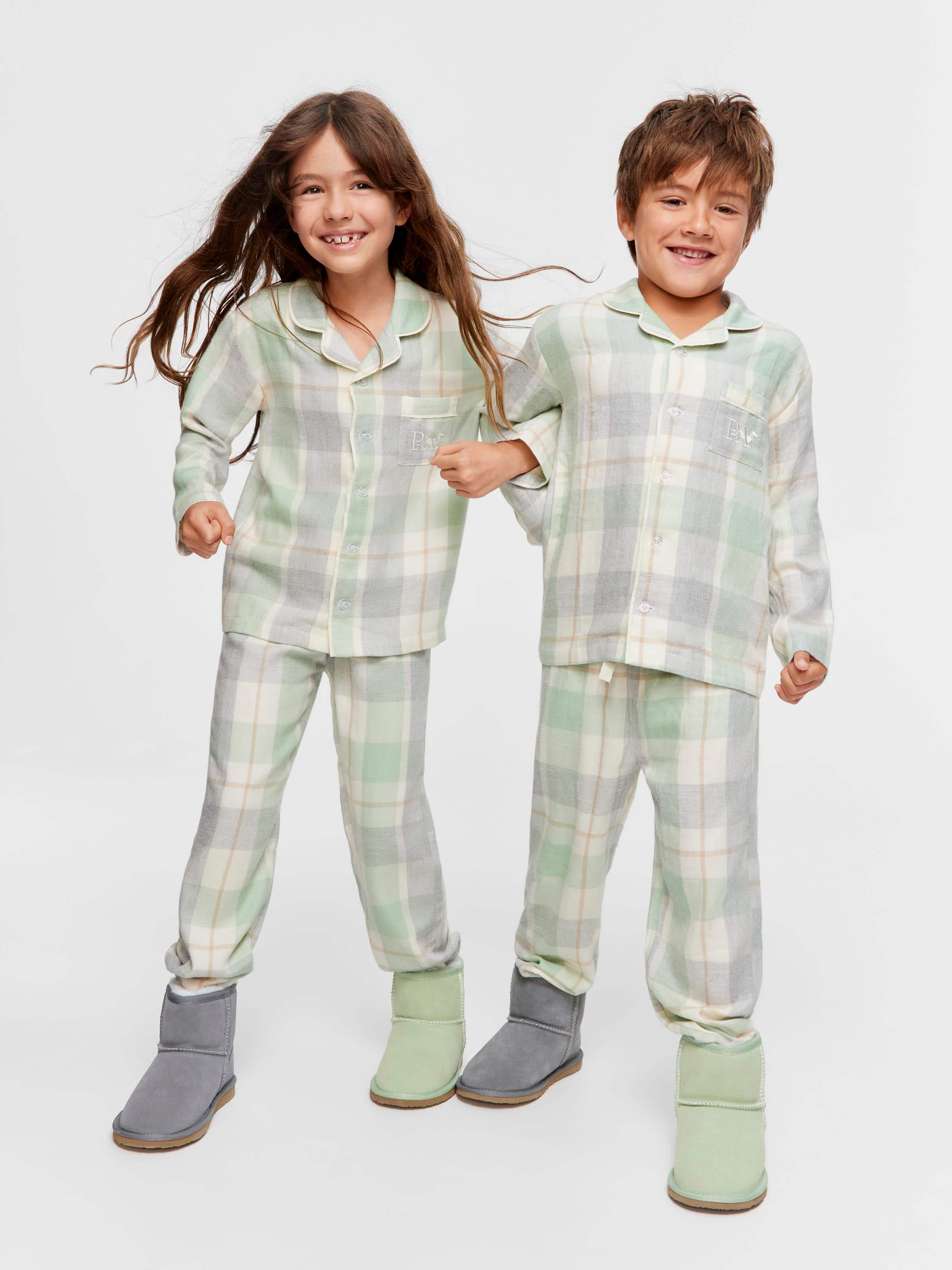 Jnr Kids Mint Check Bamboo Flannelette Classic Pj Set