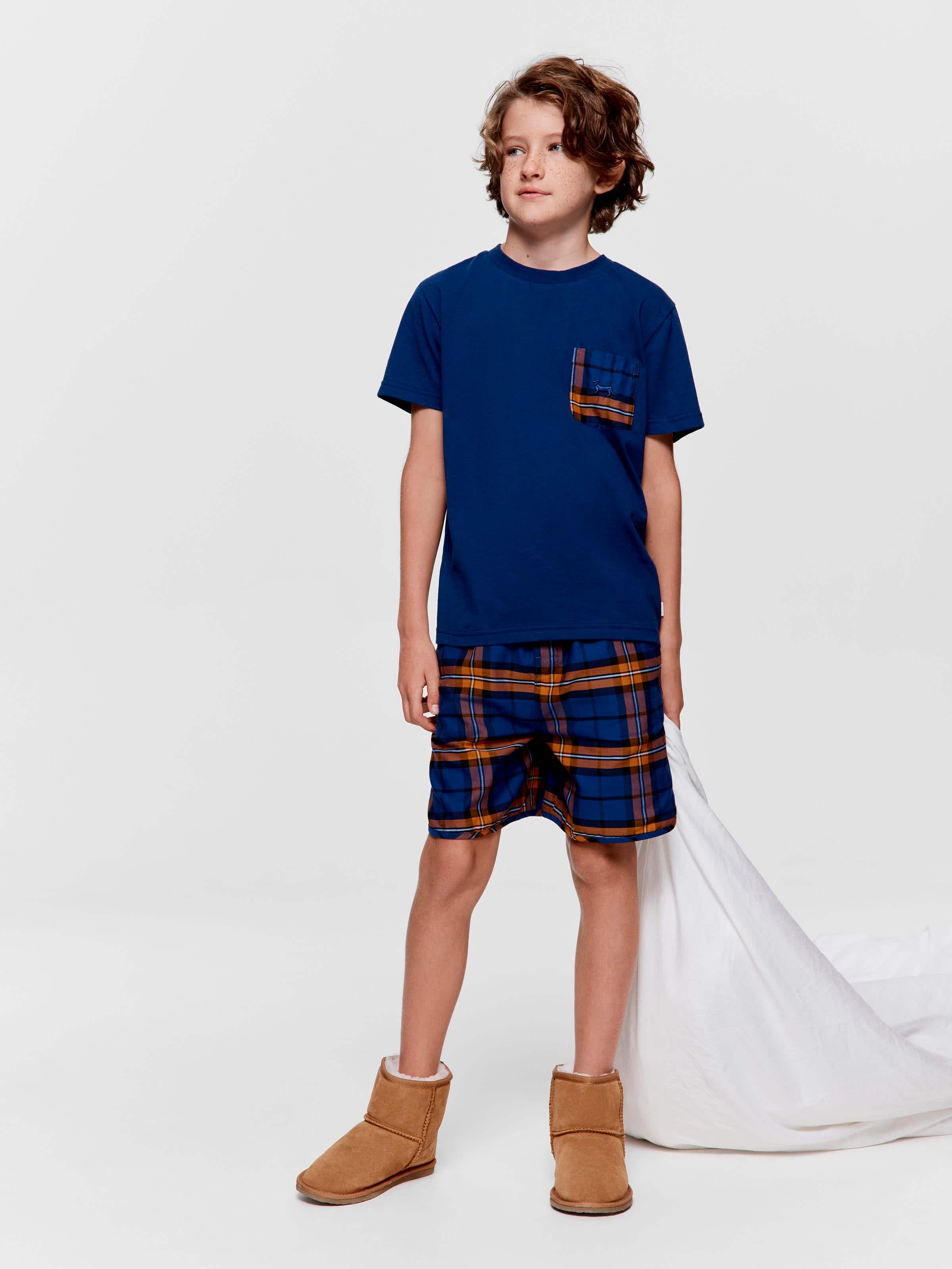 Boys Navy Check Shortie Pj Set