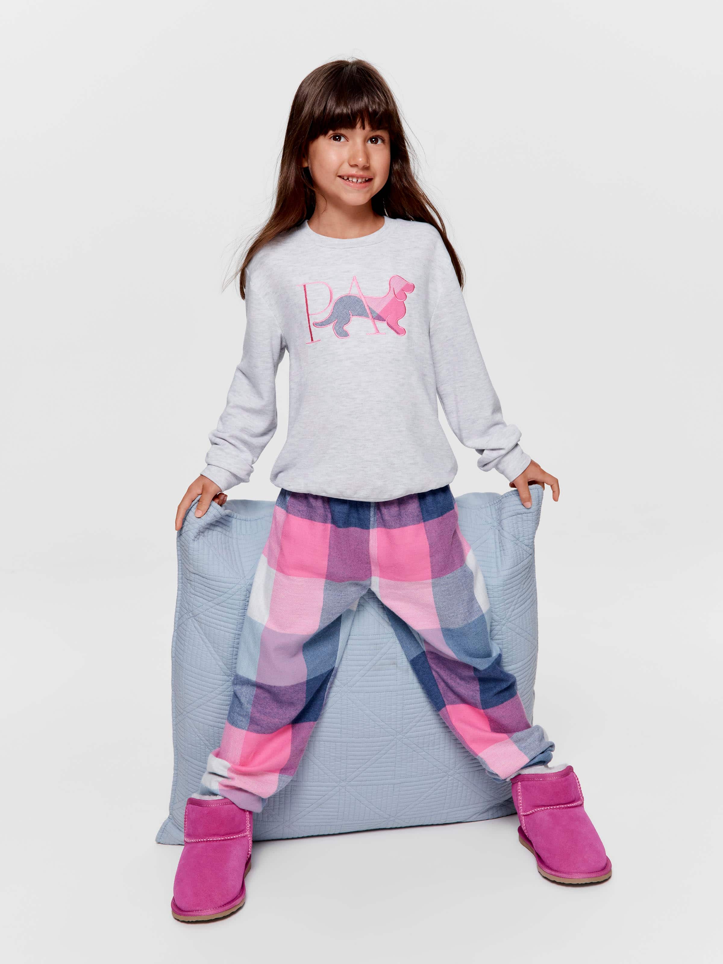 Jnr Girls Pink Buffalo Check Long Pj Set