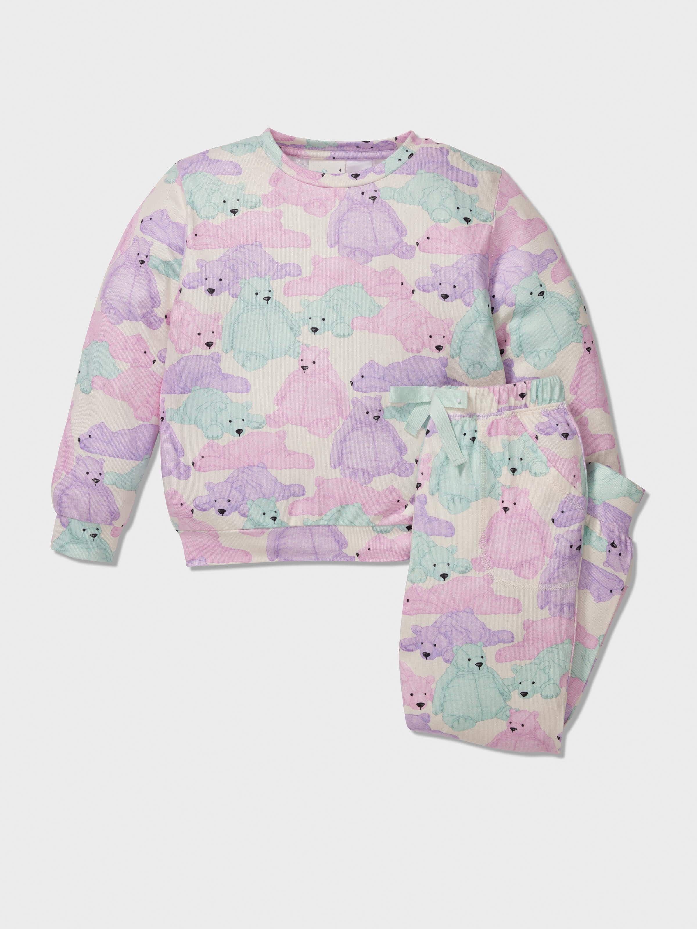 Girls Pastel Teddy Bear Long Pj Set
