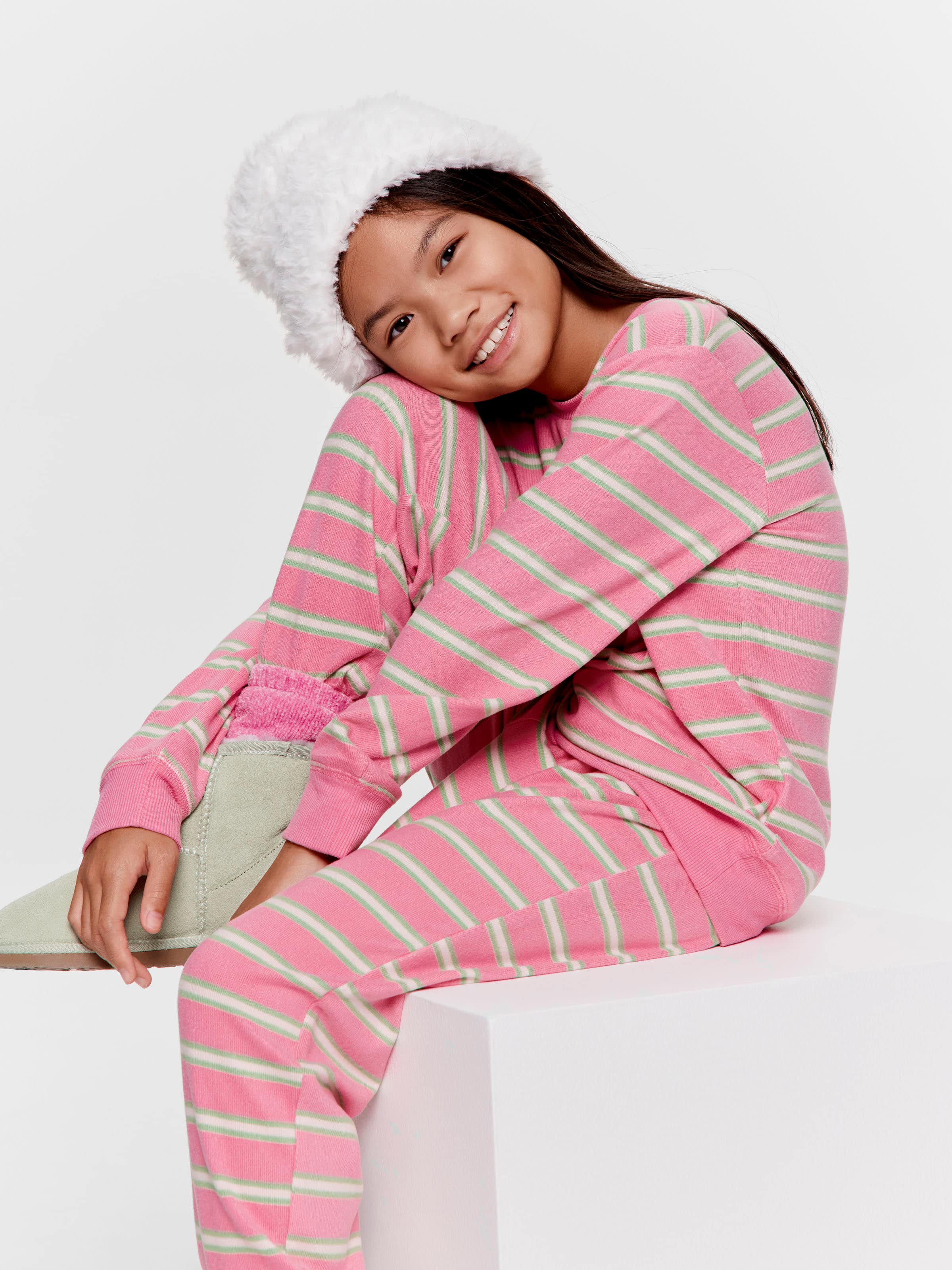 Girls Pink Stripe Plush Long Pj Set