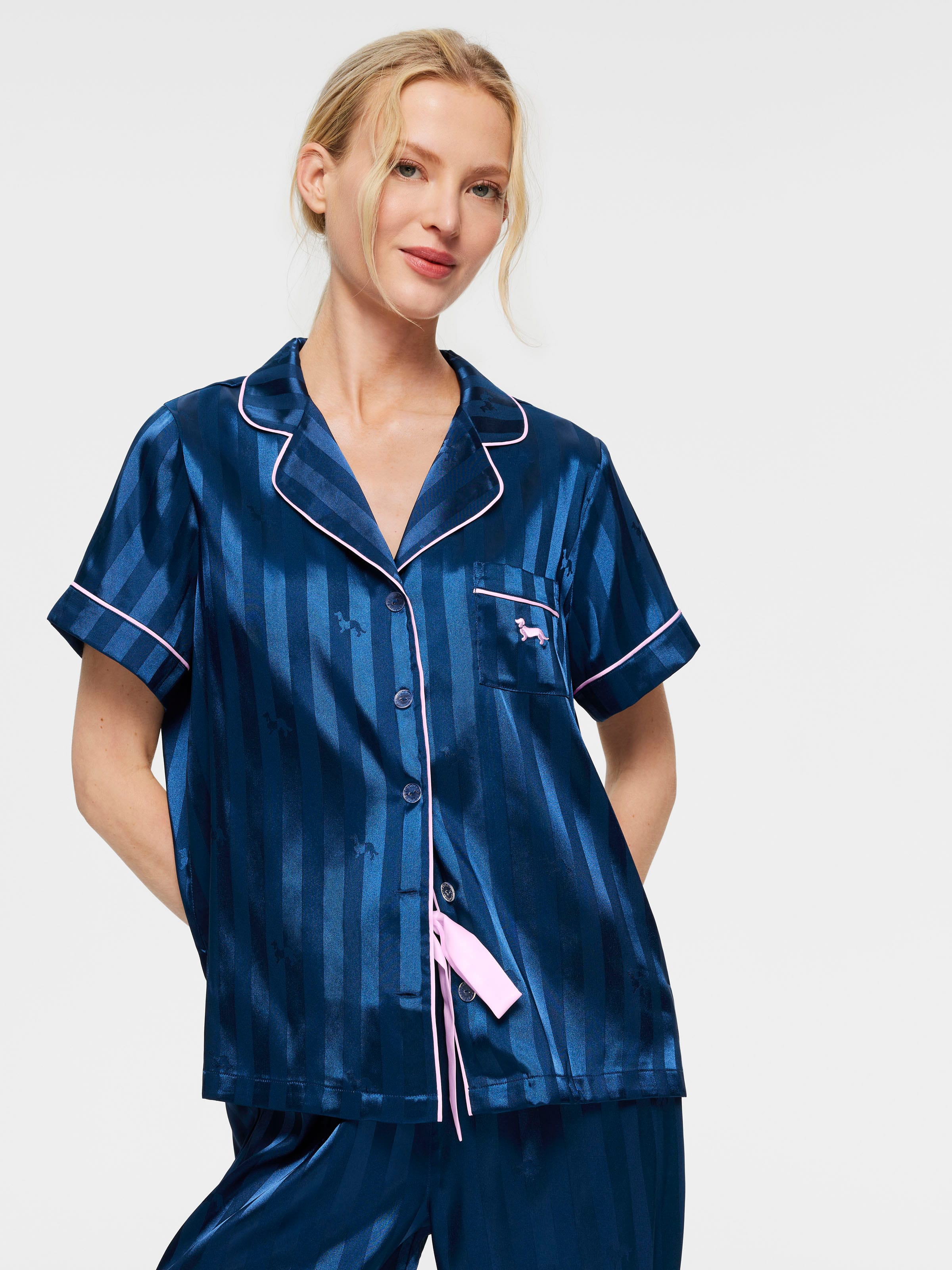 Short Sleeve Pant Navy Penny Chic Satin Stripe Pj Set Peter Alexander Online