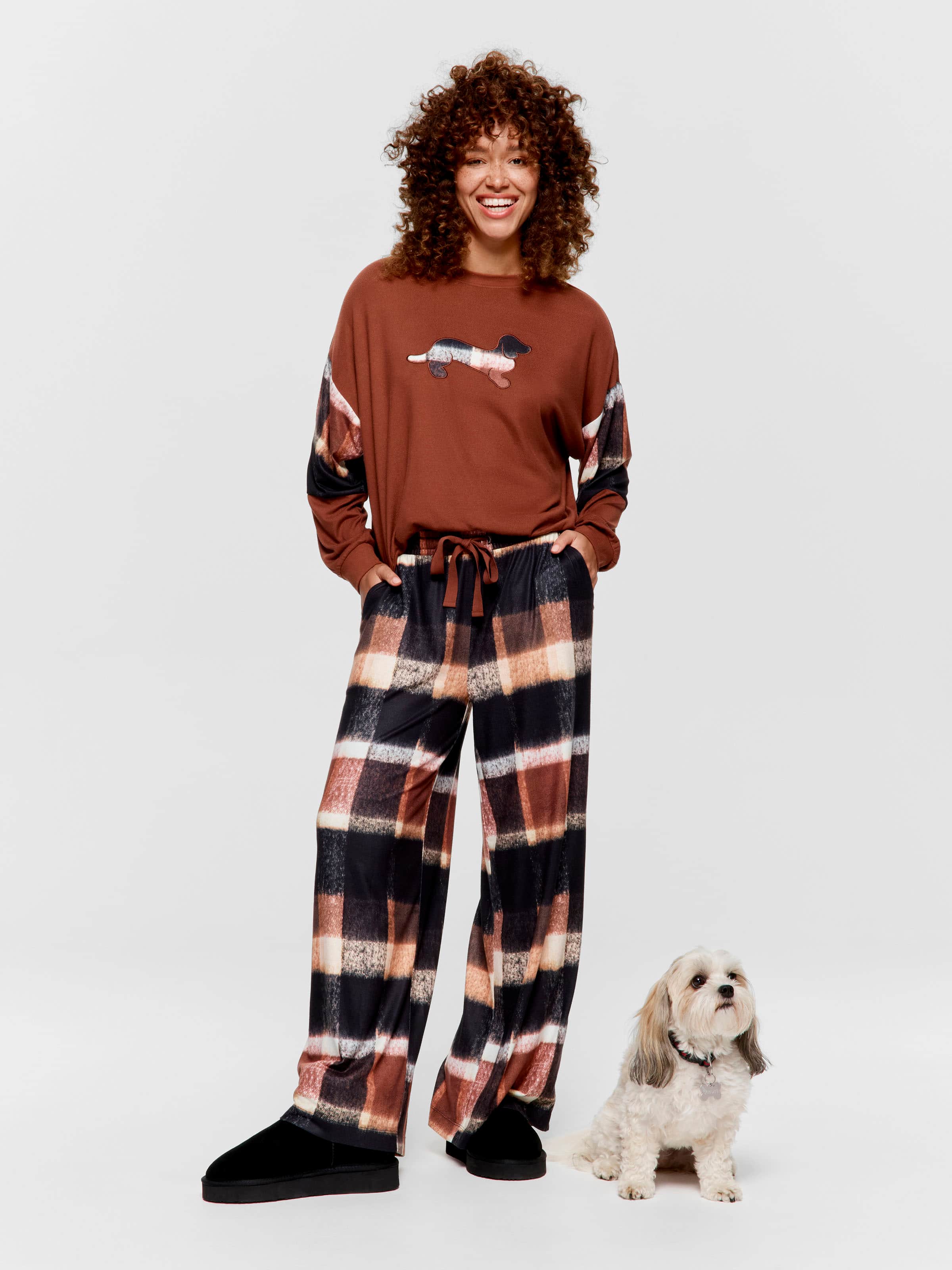 Brown Check Wide Leg Plush Pj Pant