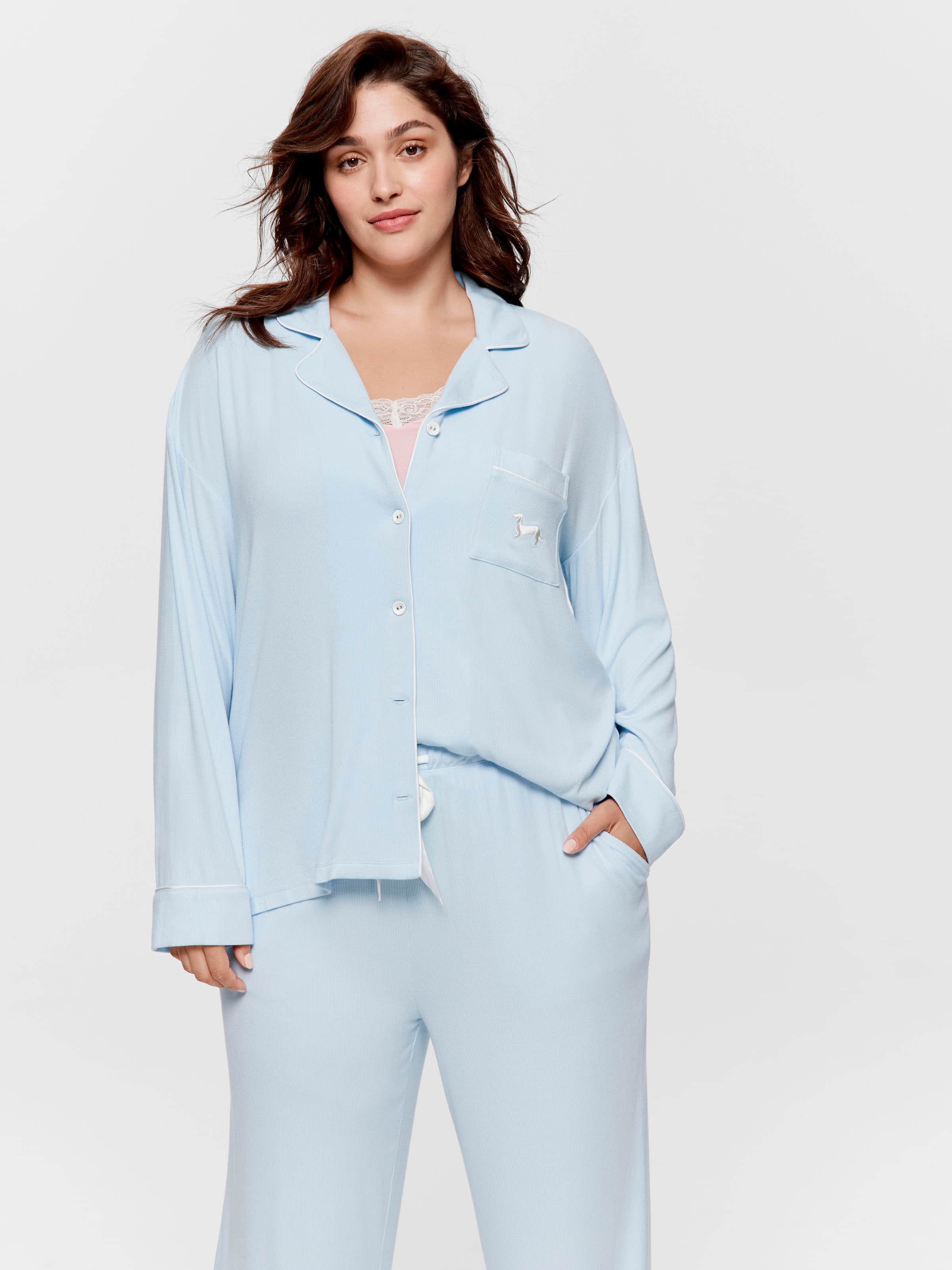 P.A. Plus Blue Bamboo Rib Long Pj Set