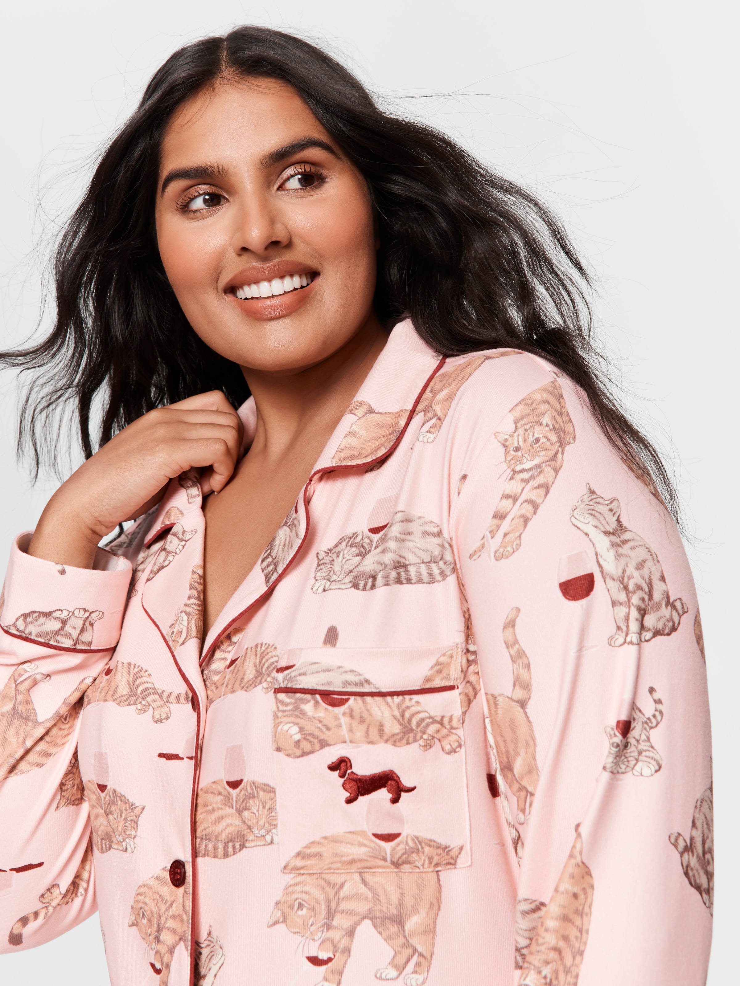 P.A. Plus Wine And Cats Plush Long Pj Set