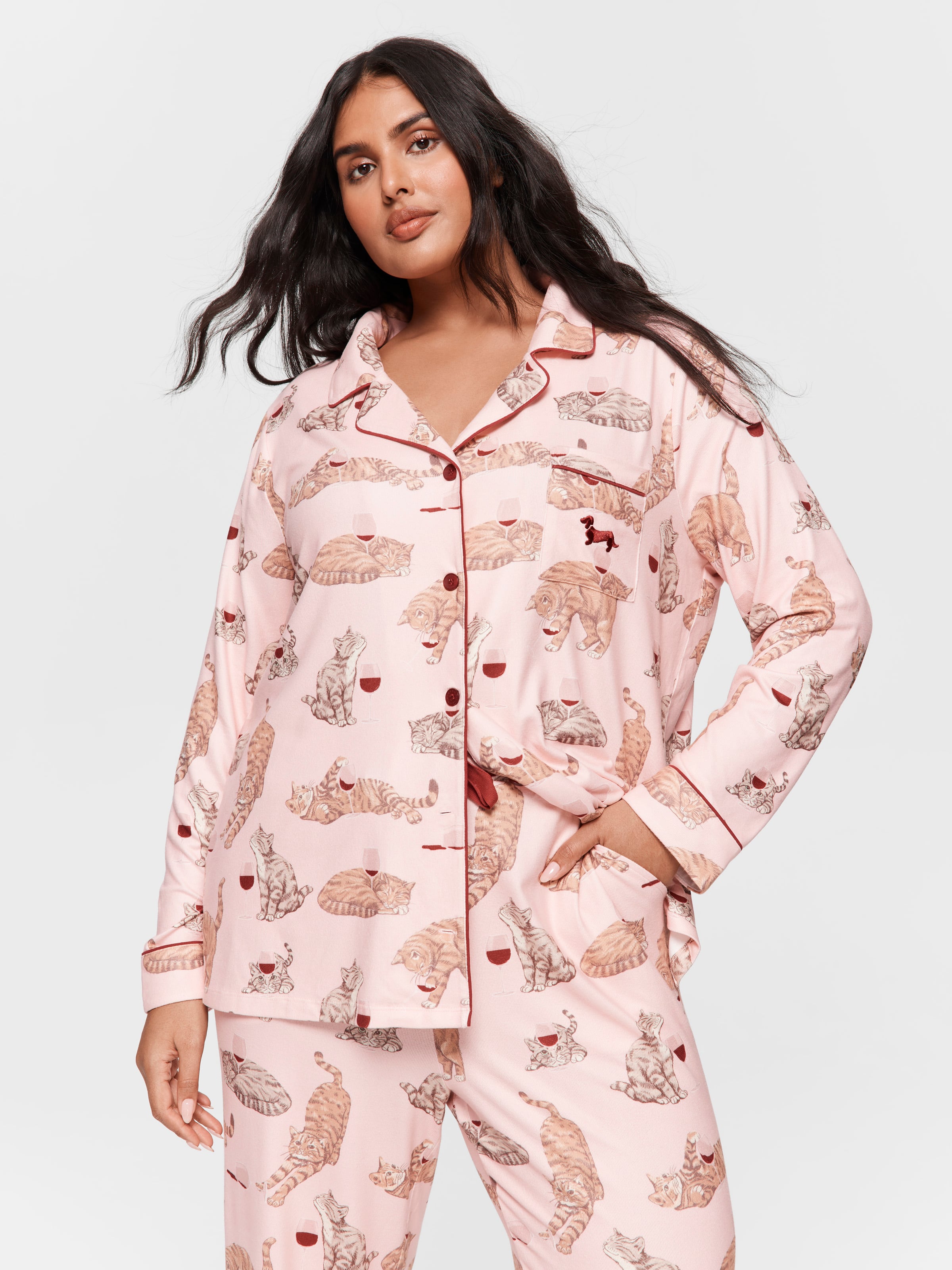 P.A. Plus Wine And Cats Plush Long Pj Set