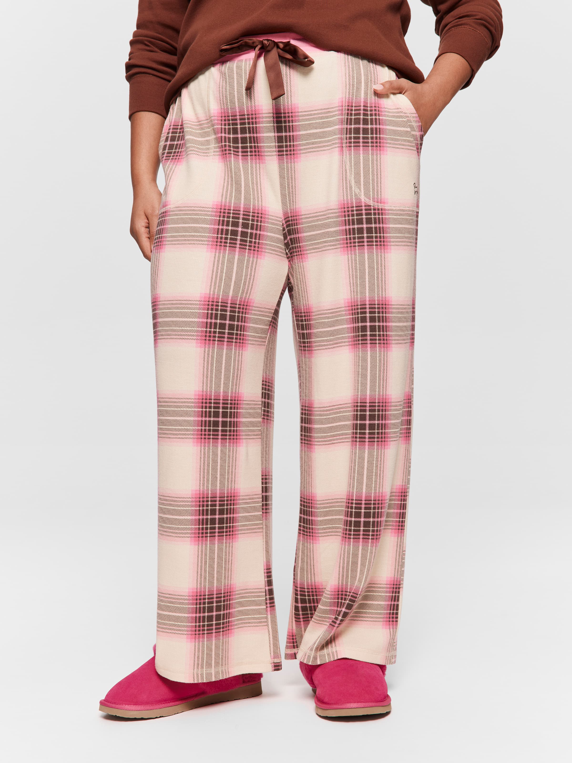 P.A. Plus Pink & Brown Waffle Check Wide Leg Pj Pant