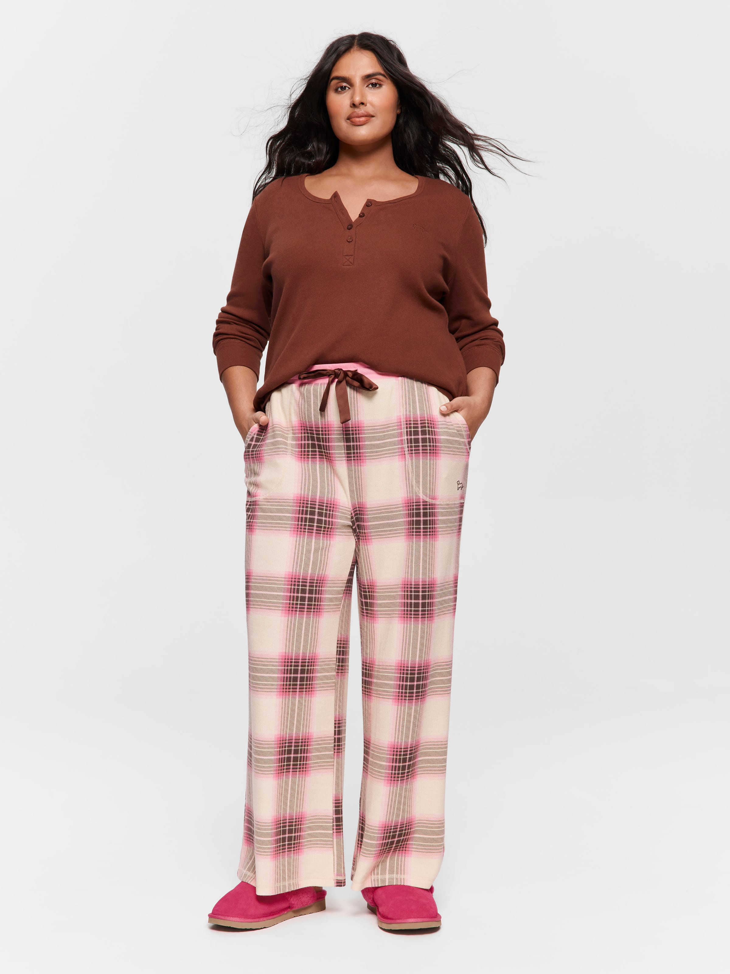 P.A. Plus Pink & Brown Waffle Check Wide Leg Pj Pant