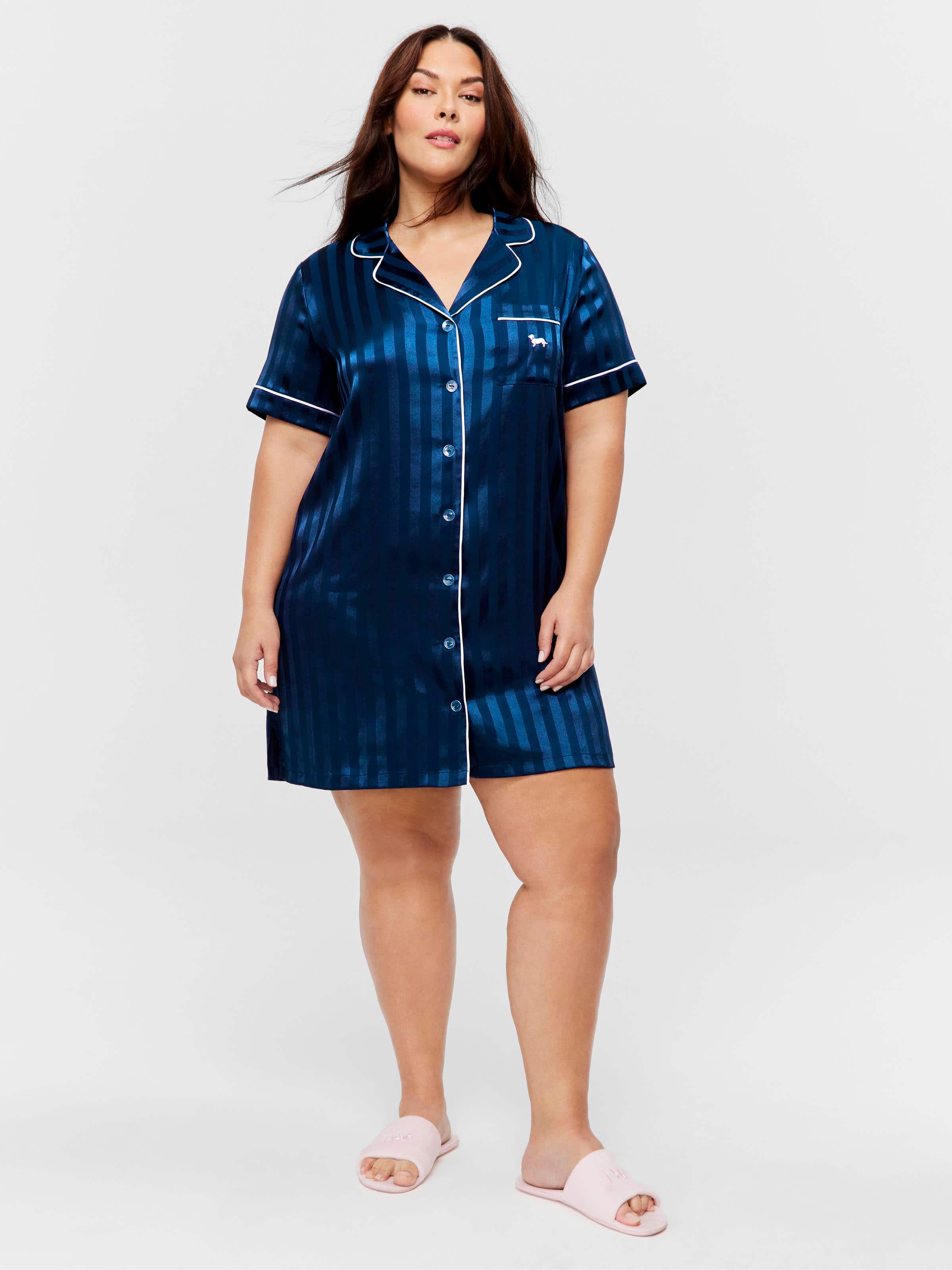 P.A. Plus Navy Stripe Short Sleeve Satin Nightshirt