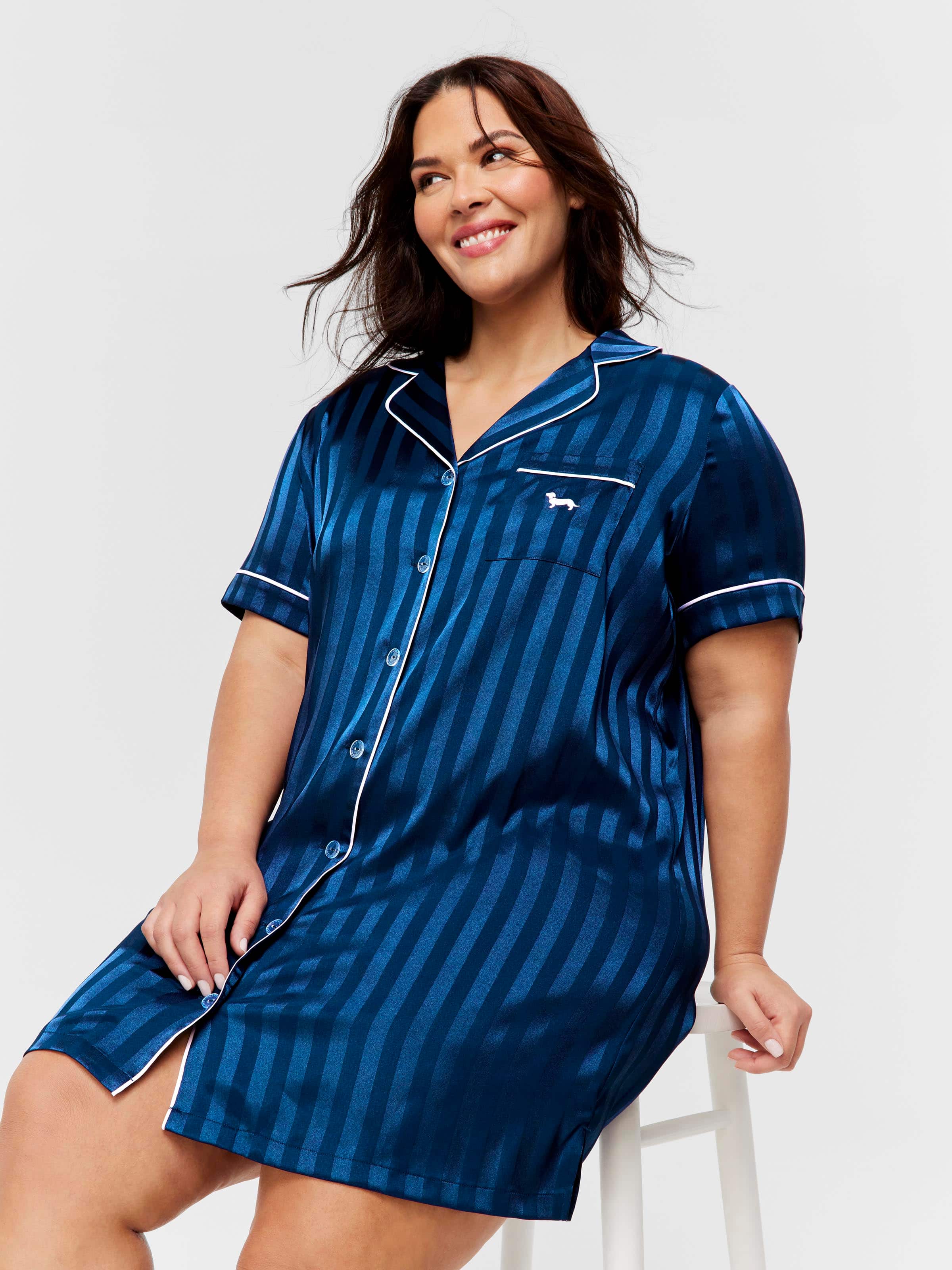 P.A. Plus Navy Stripe Short Sleeve Satin Nightshirt