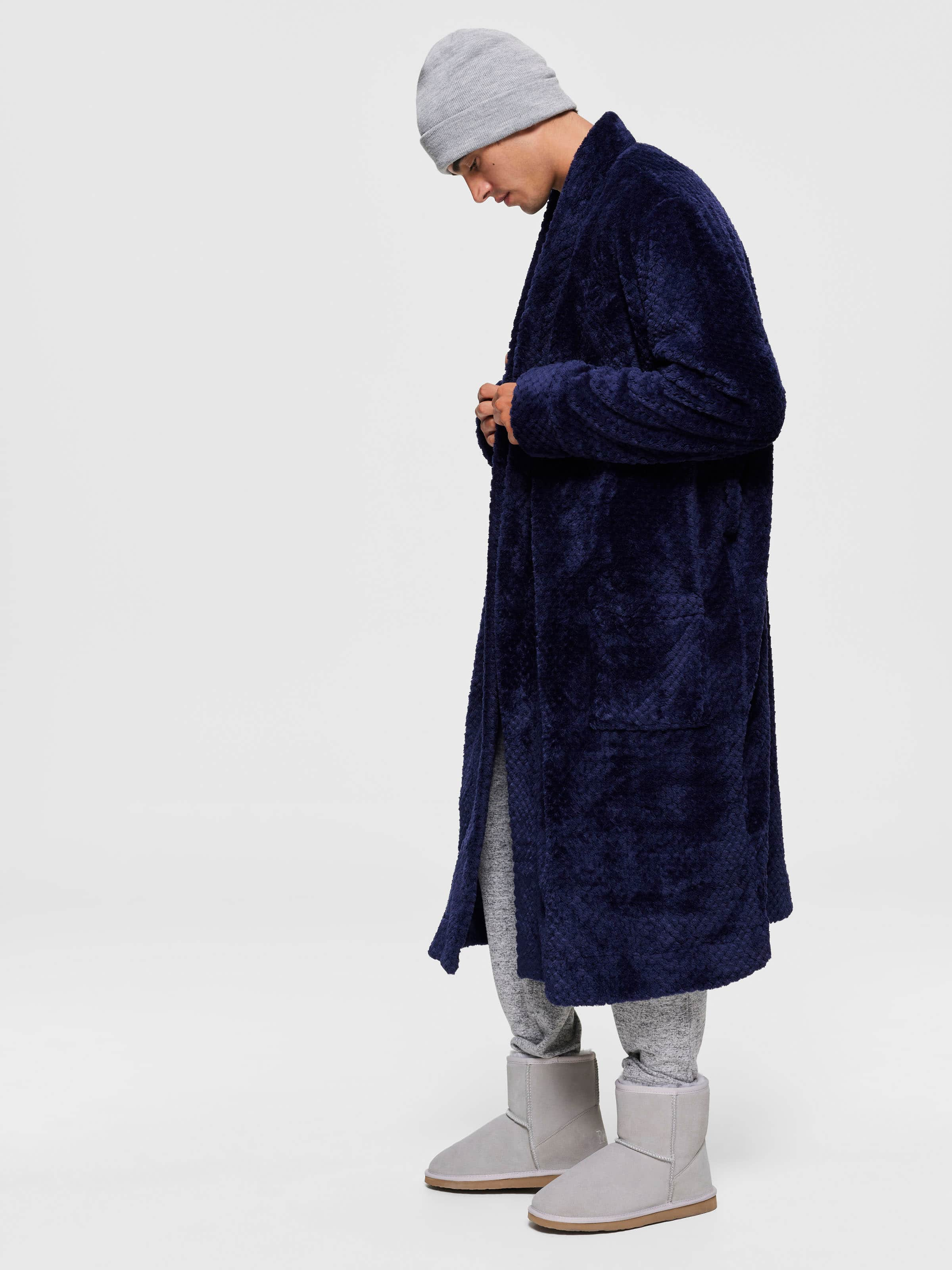 Men's short navy blue faux shearling robe, Men's pyjamas