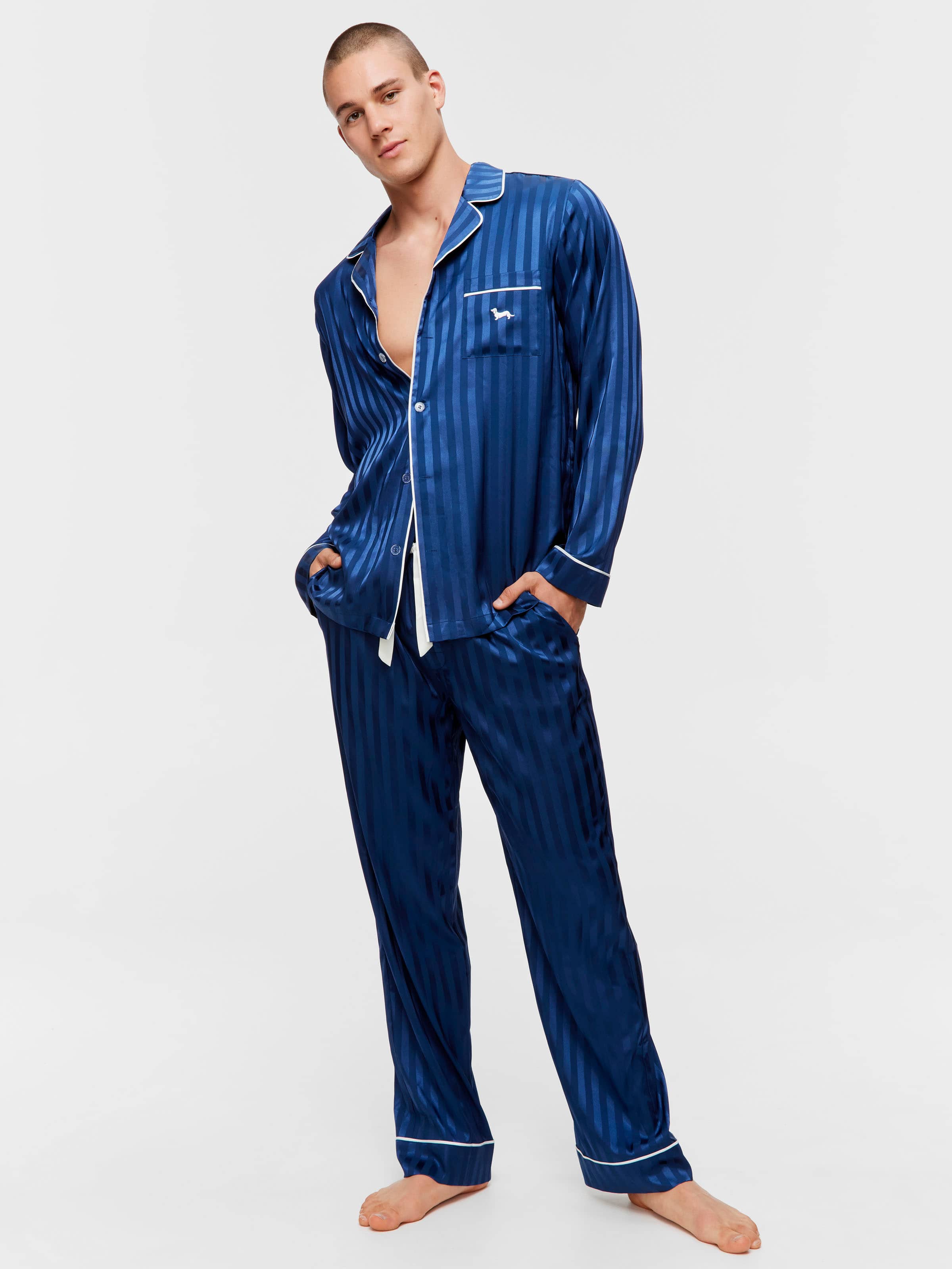 Navy Self Stripe Long Sleeve Satin Set