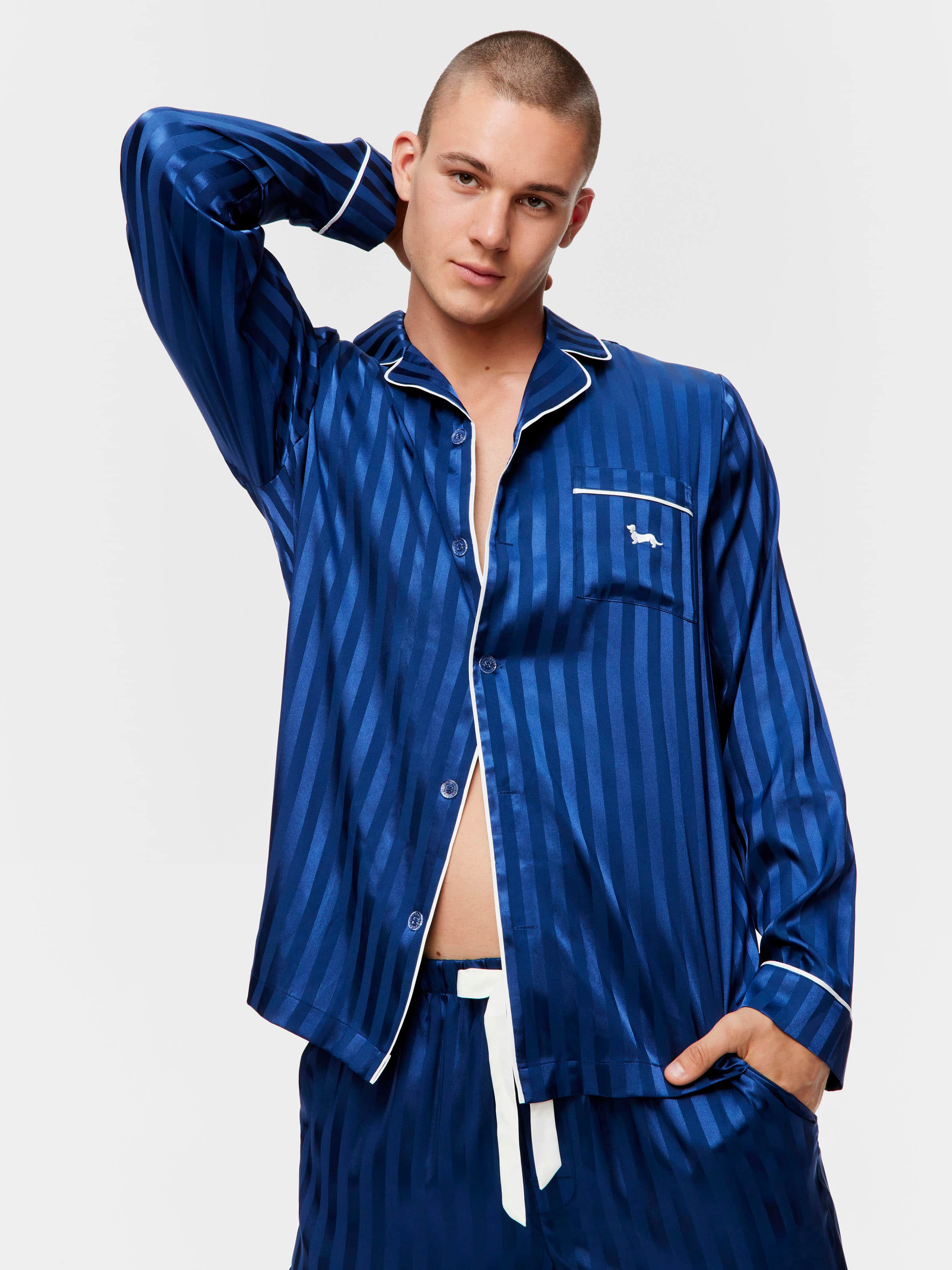 Navy Self Stripe Long Sleeve Satin Set