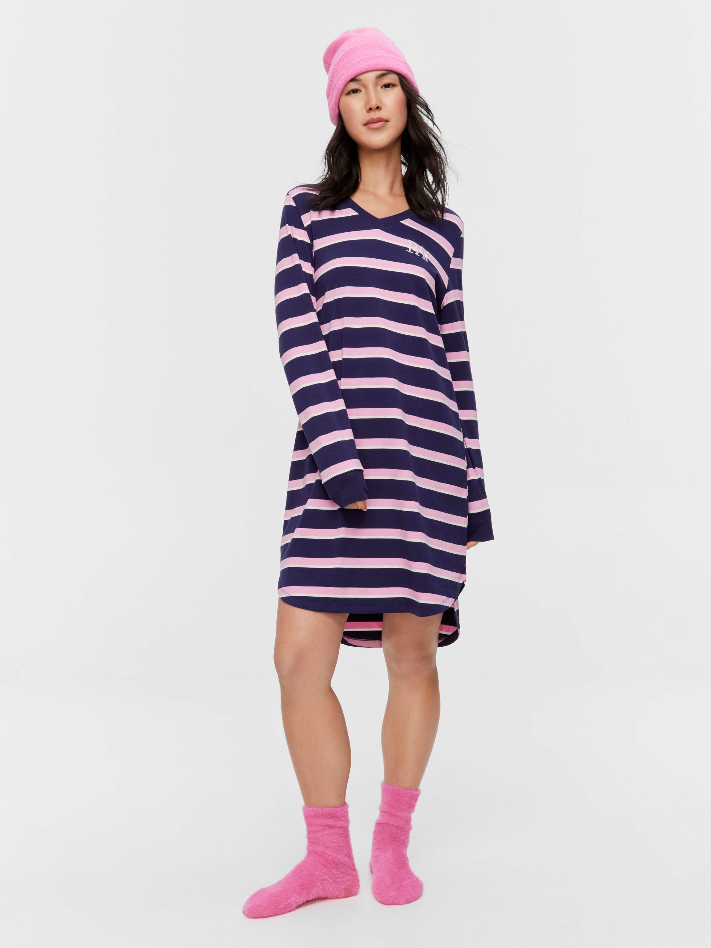 Stripe V Neck Long Sleeve Nightie