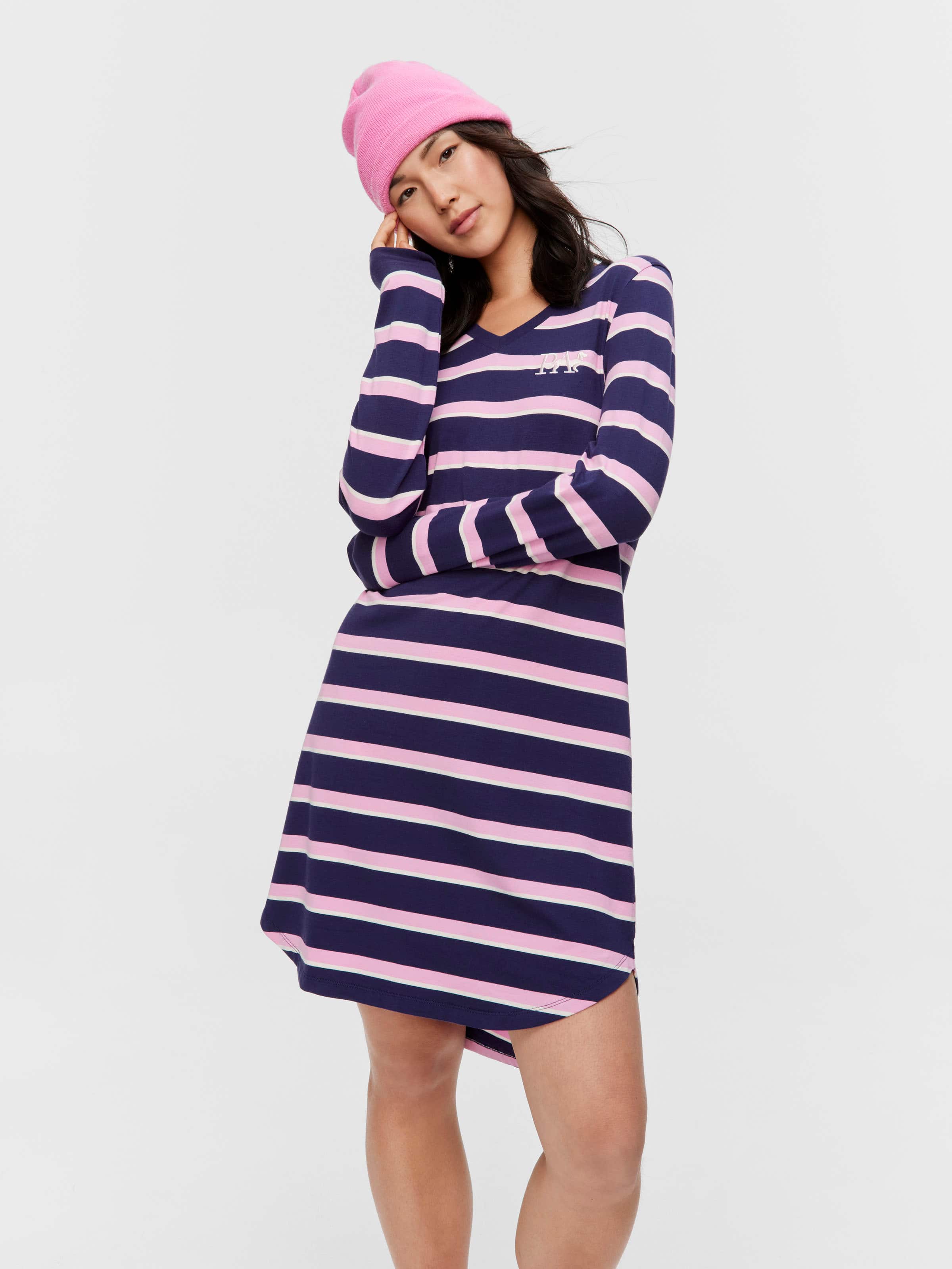 Stripe V Neck Long Sleeve Nightie