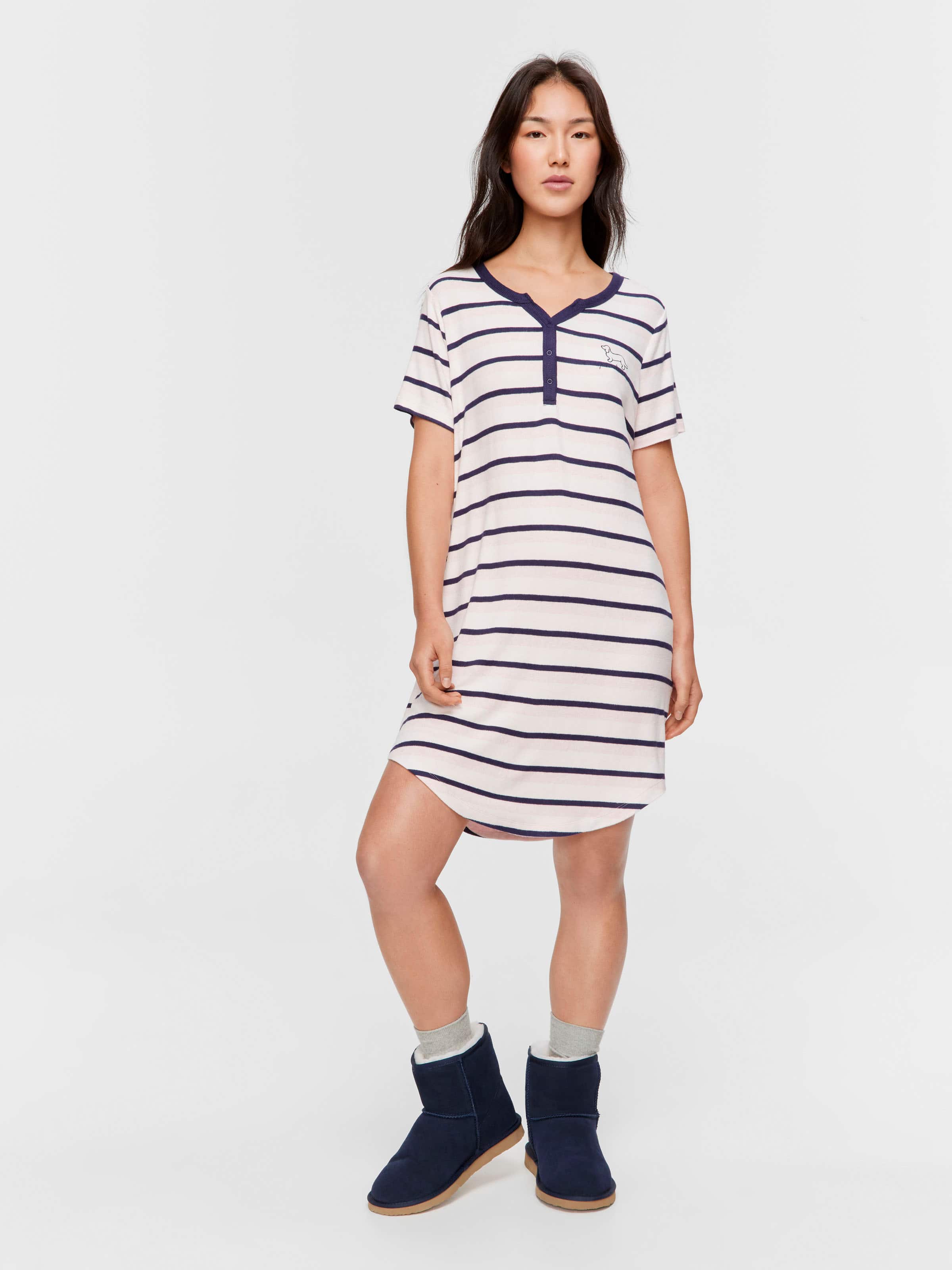 Fuzzy Stripe Henley Short Sleeve Nightie