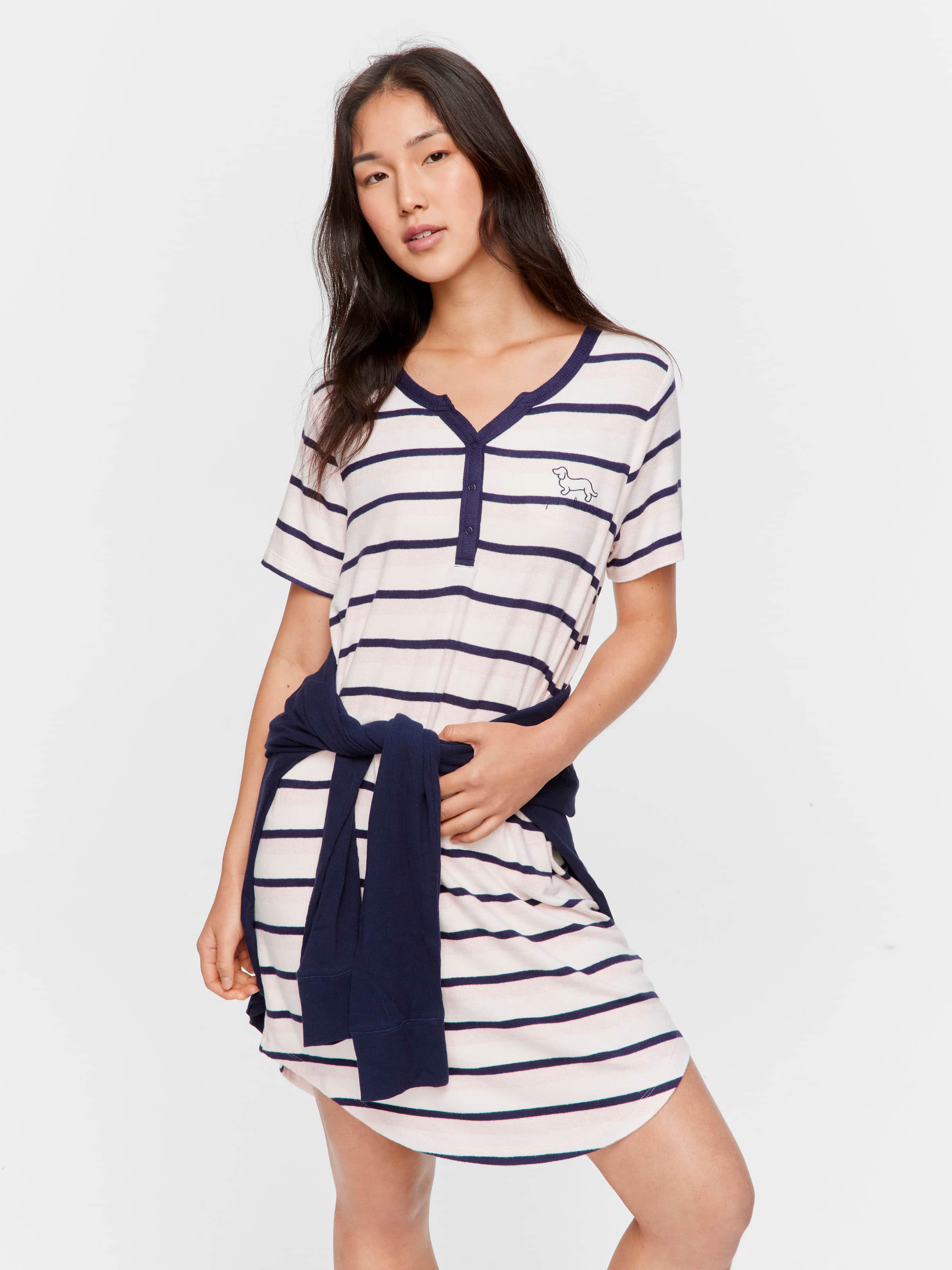 Fuzzy Stripe Henley Short Sleeve Nightie