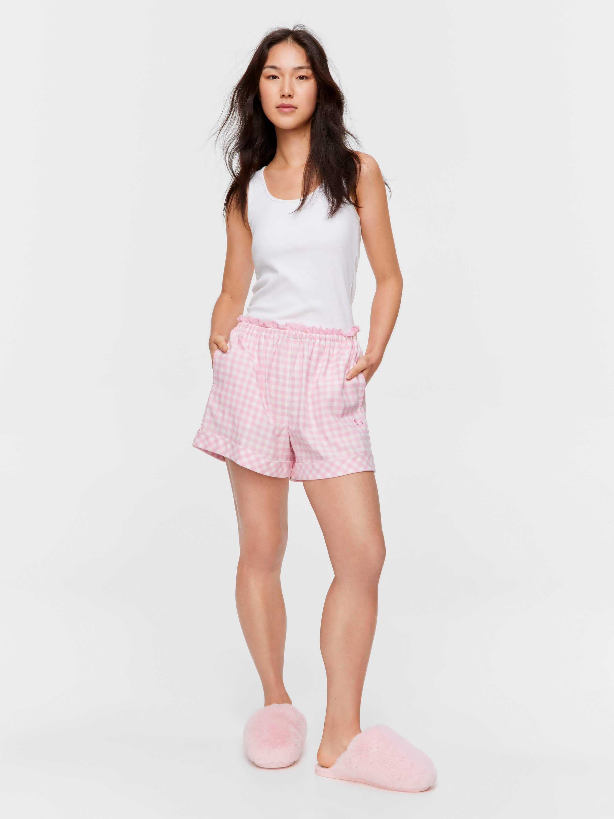 Pink Gingham Check Mid Short