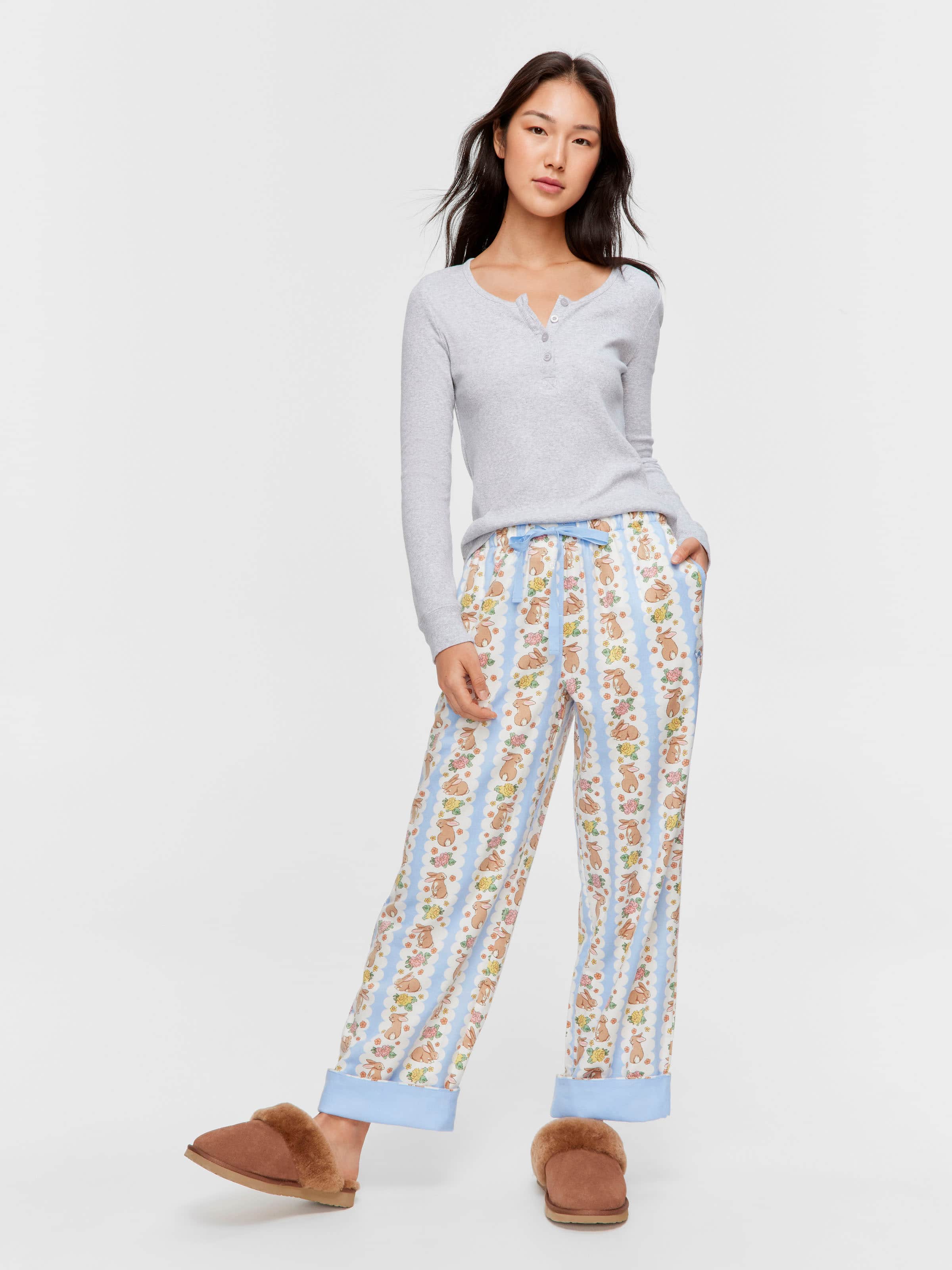 Lilac Bunny Bamboo Flannelette Long Roll Up Pj Pant