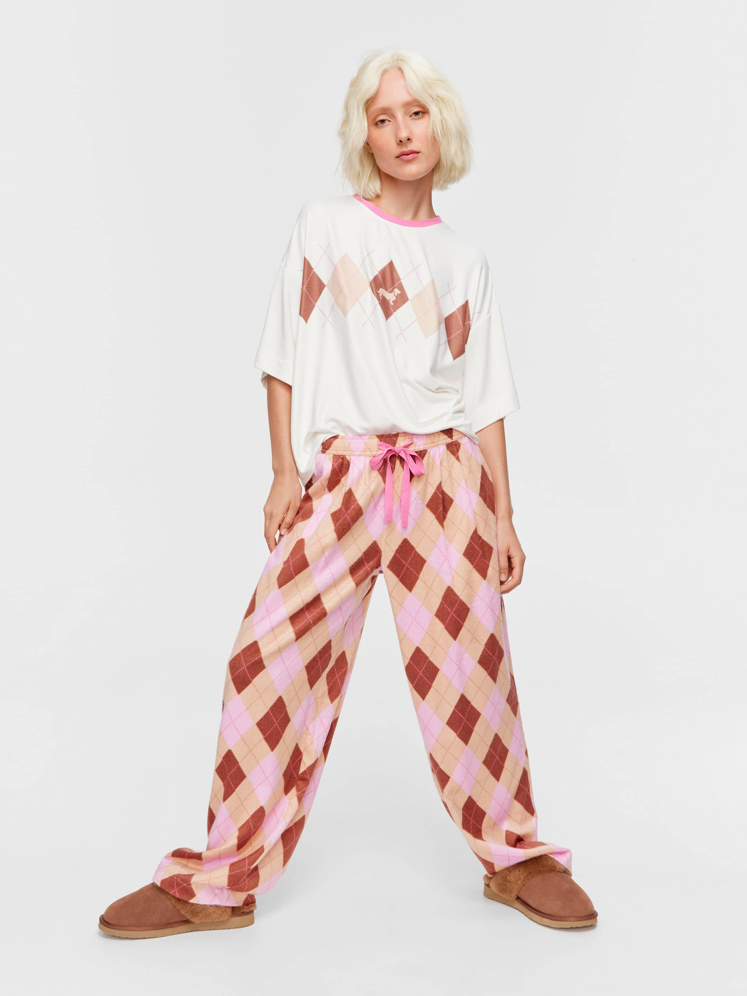 Caramel Argyle Bamboo Flannelette Wide Leg Pj Pant