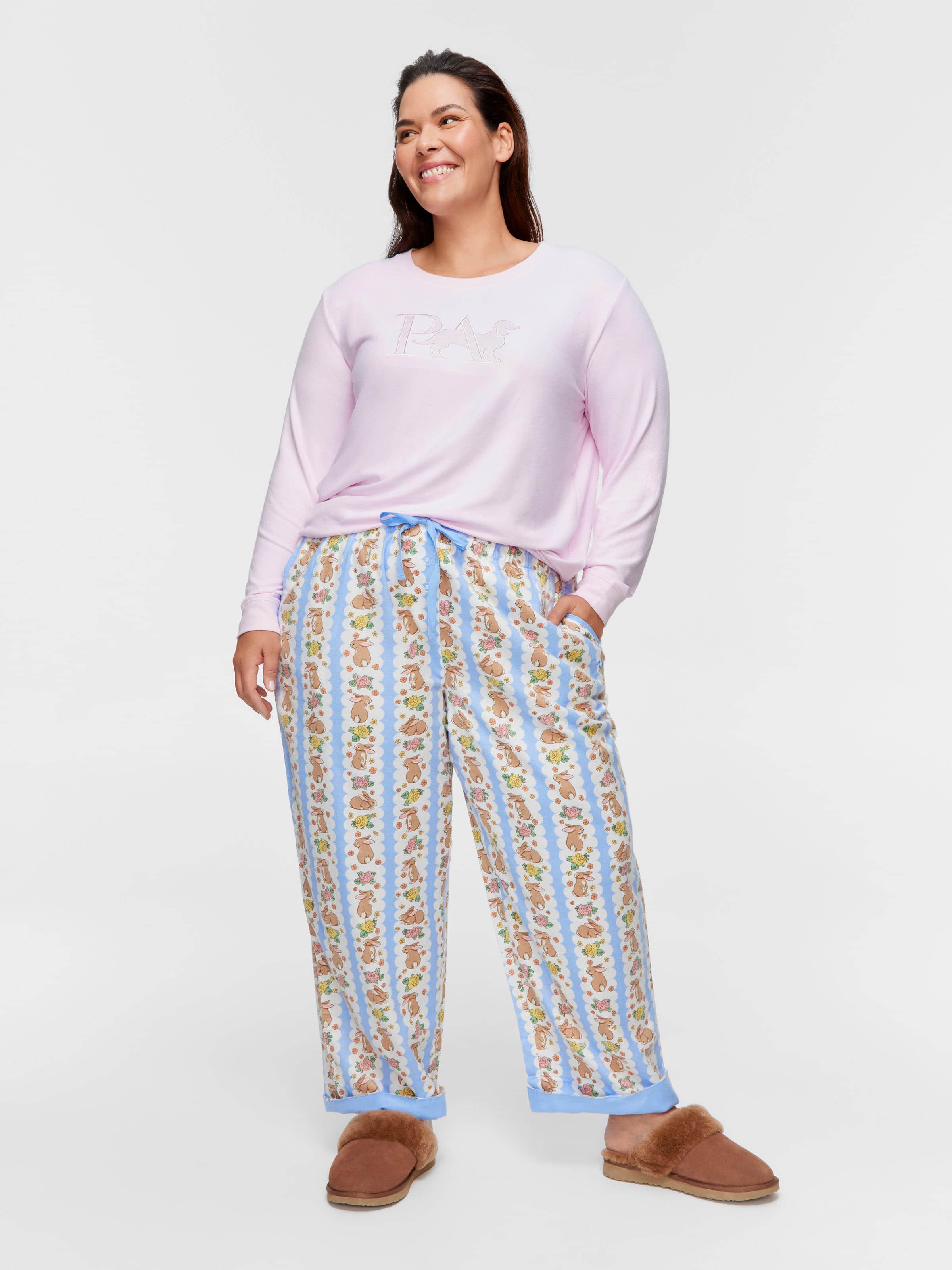 P.A. Plus Lilac Bunny Bamboo Flannelette Long Roll Up Pj Pant