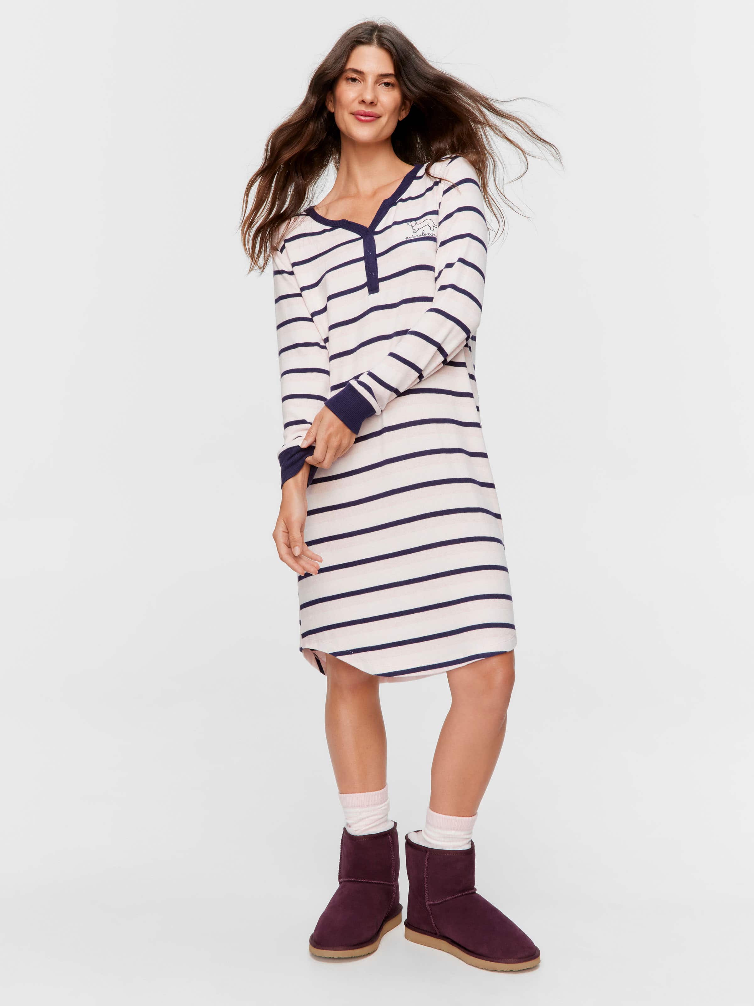 Fuzzy Stripe Henley Long Sleeve Nightshirt