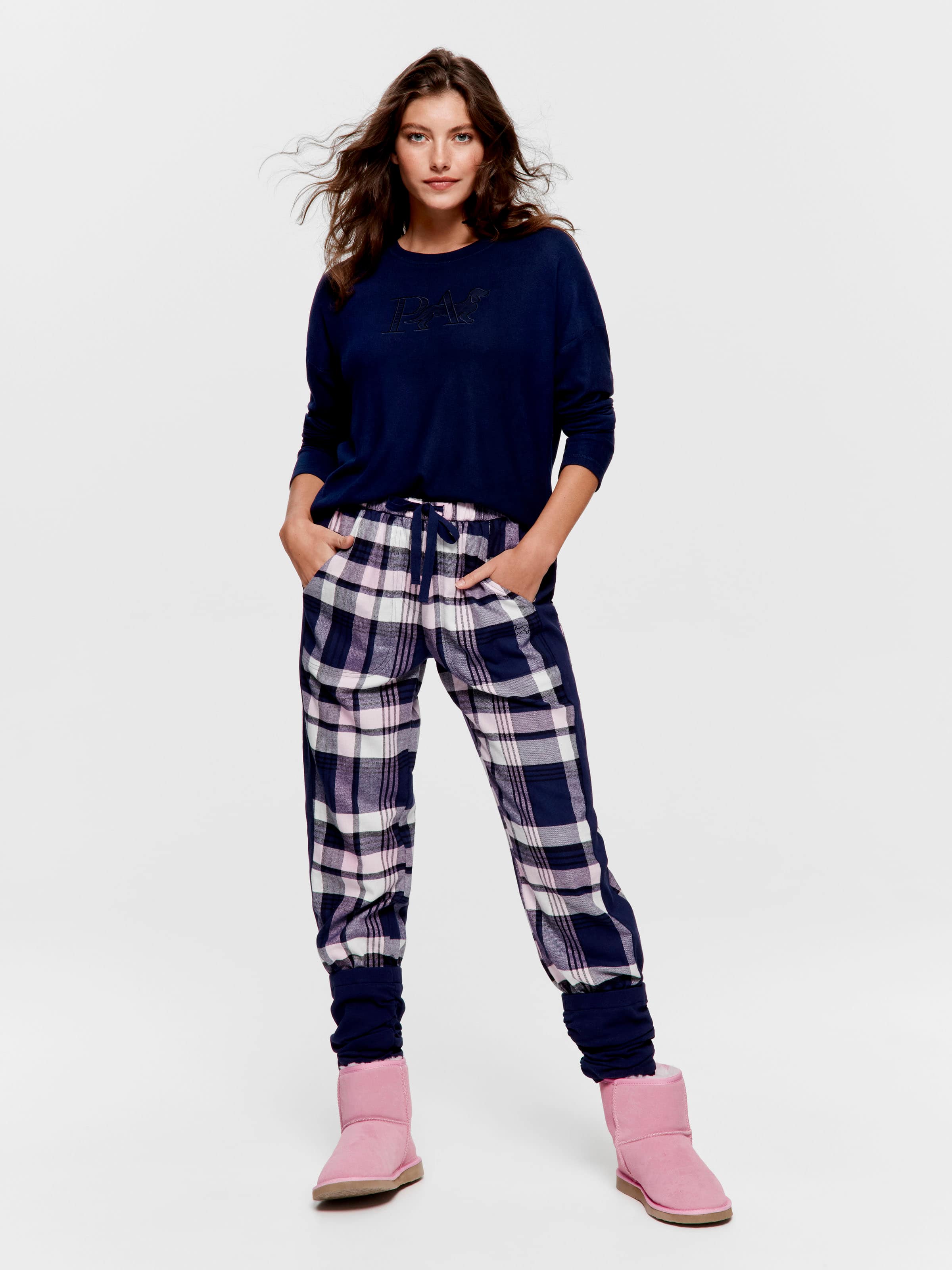 Navy Check Legwarmer Flannelette Pj Pant