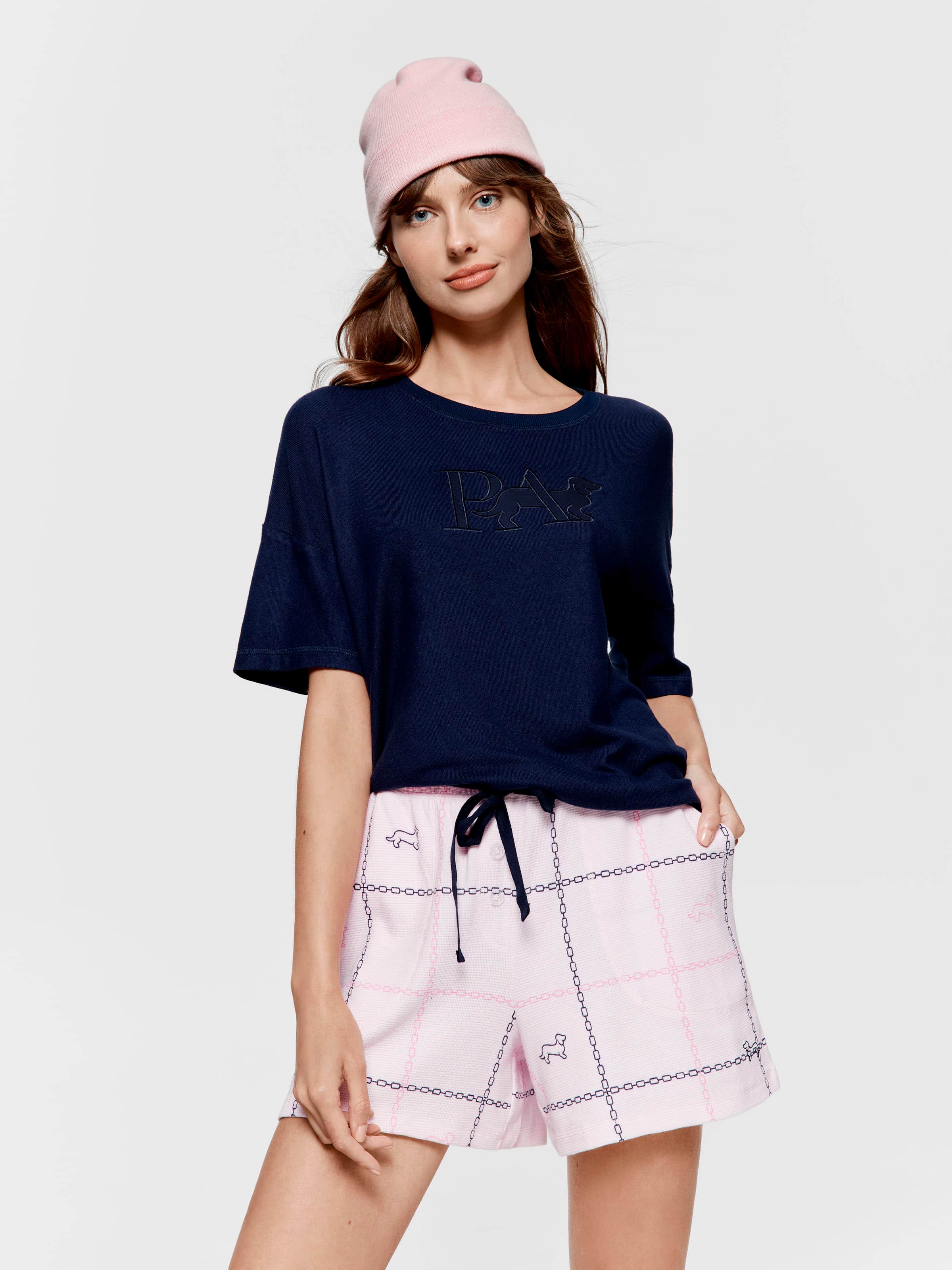 Pink Windowpane Waffle Mid Short
