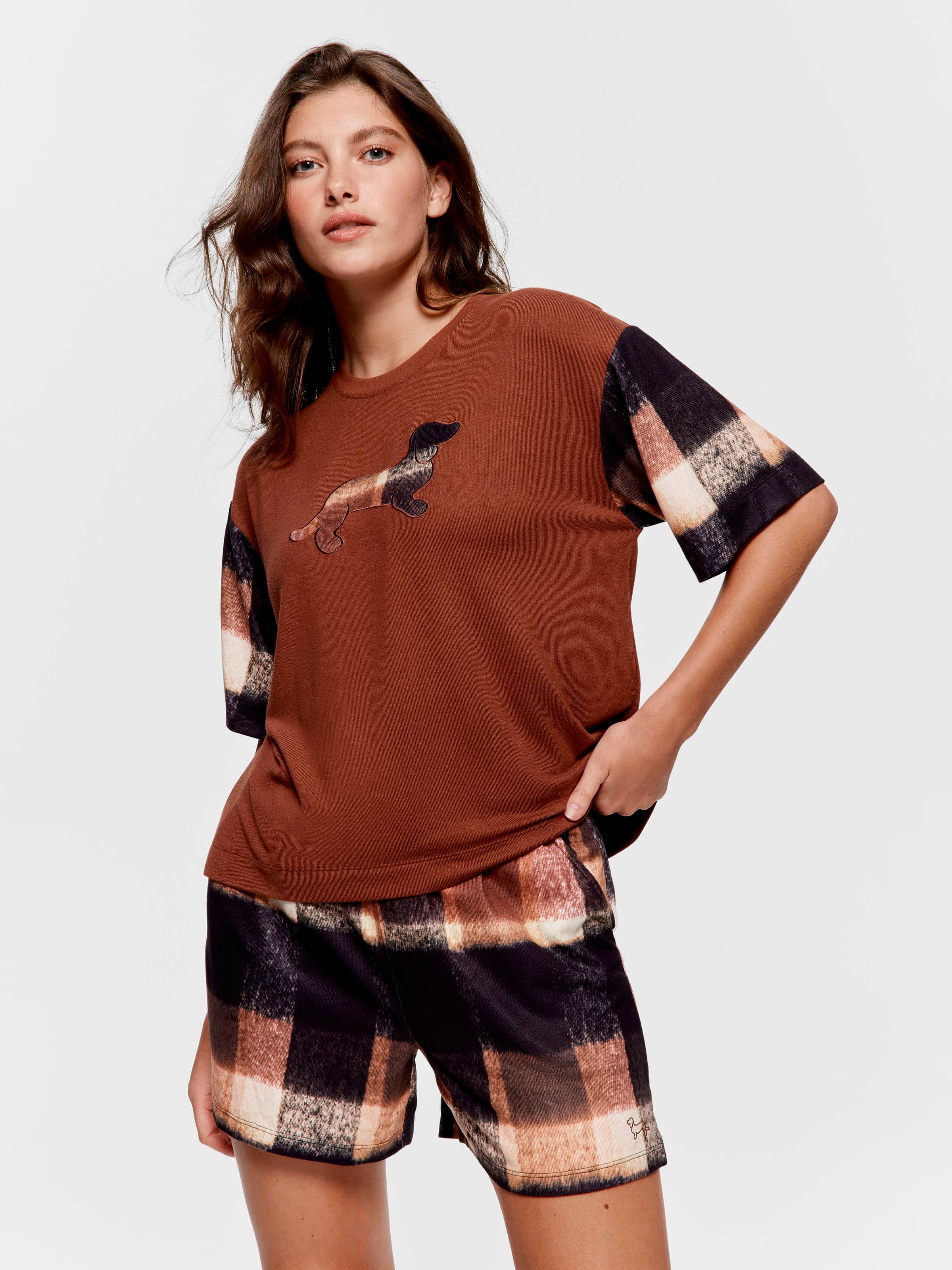 Brown Check Plush Logo Oversized Tee