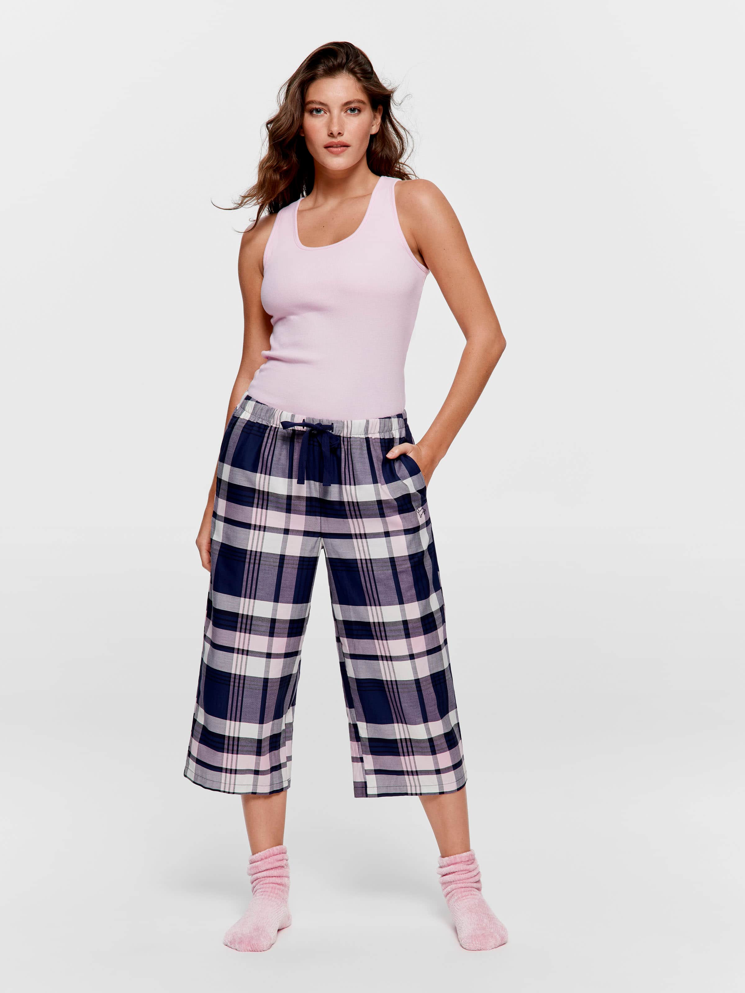 Navy Check 100% Cotton 3/4 Pj Pant