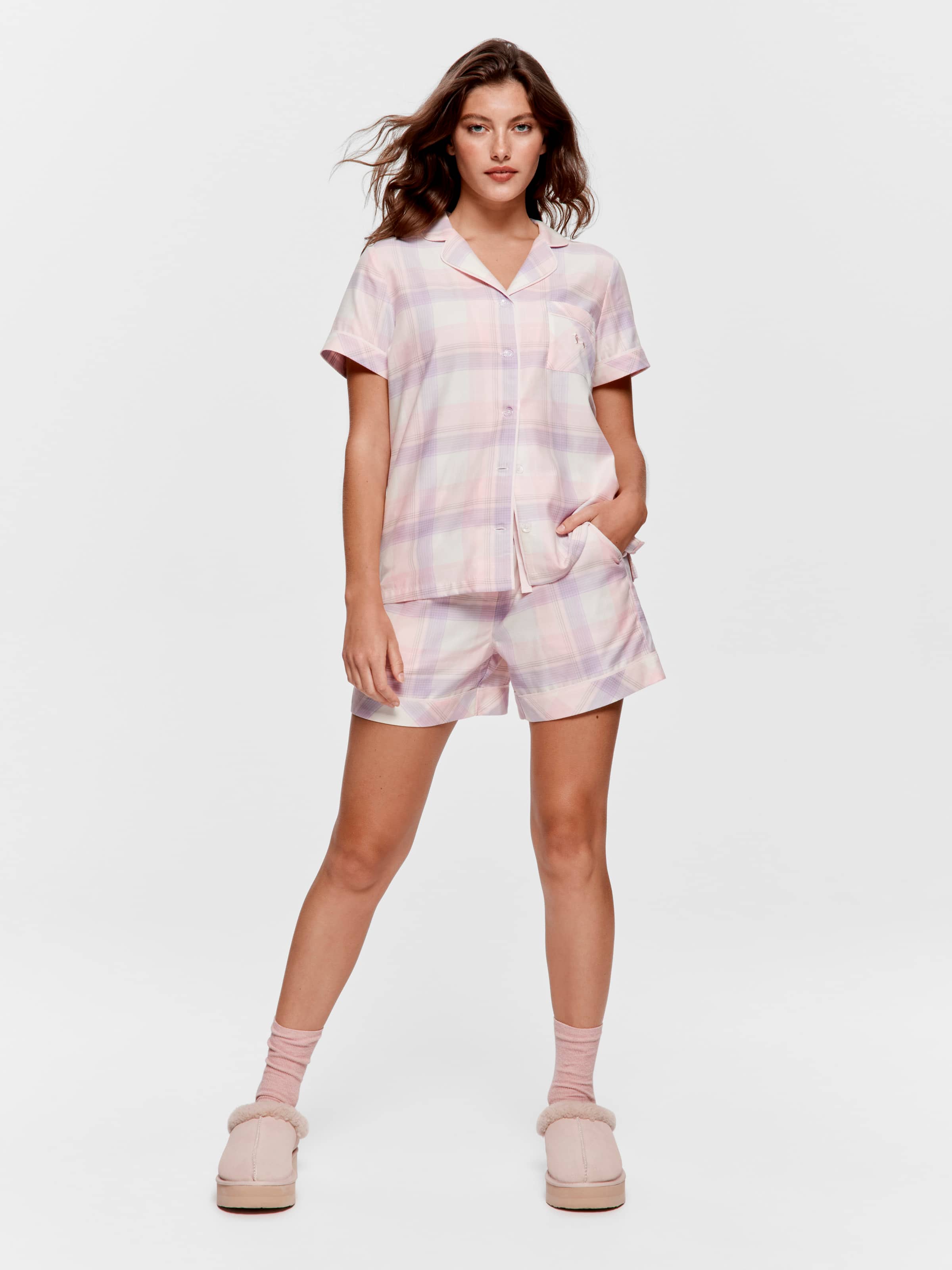 Pink & Lilac Check 100% Cotton Shortie Pj Set