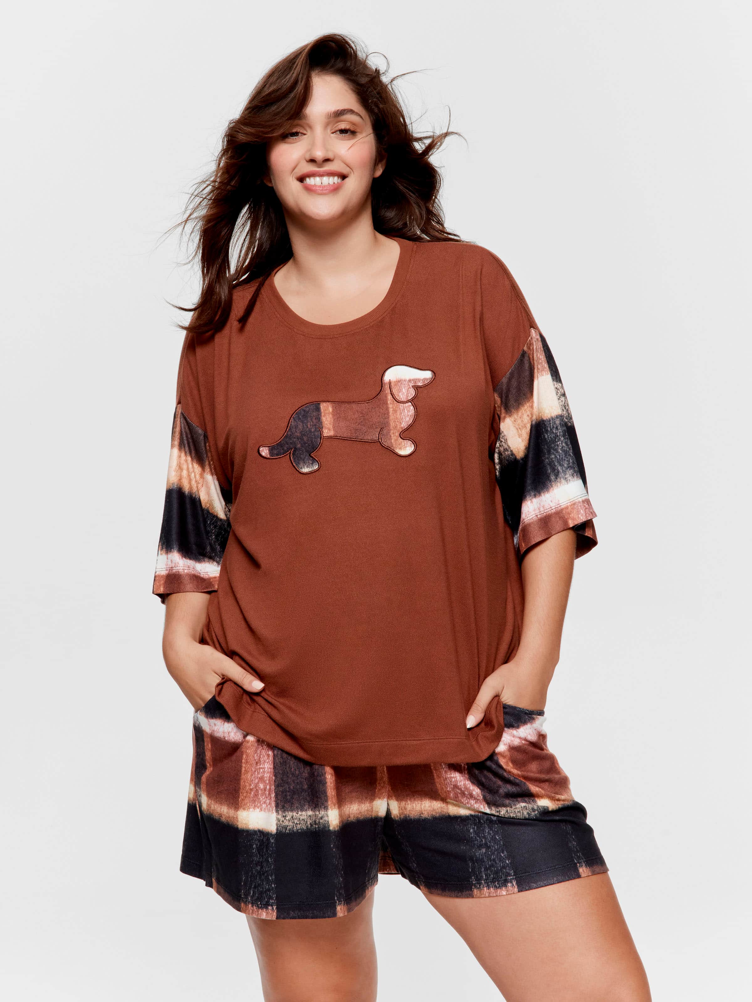 P.A. Plus Brown Check Plush Logo Oversized Tee