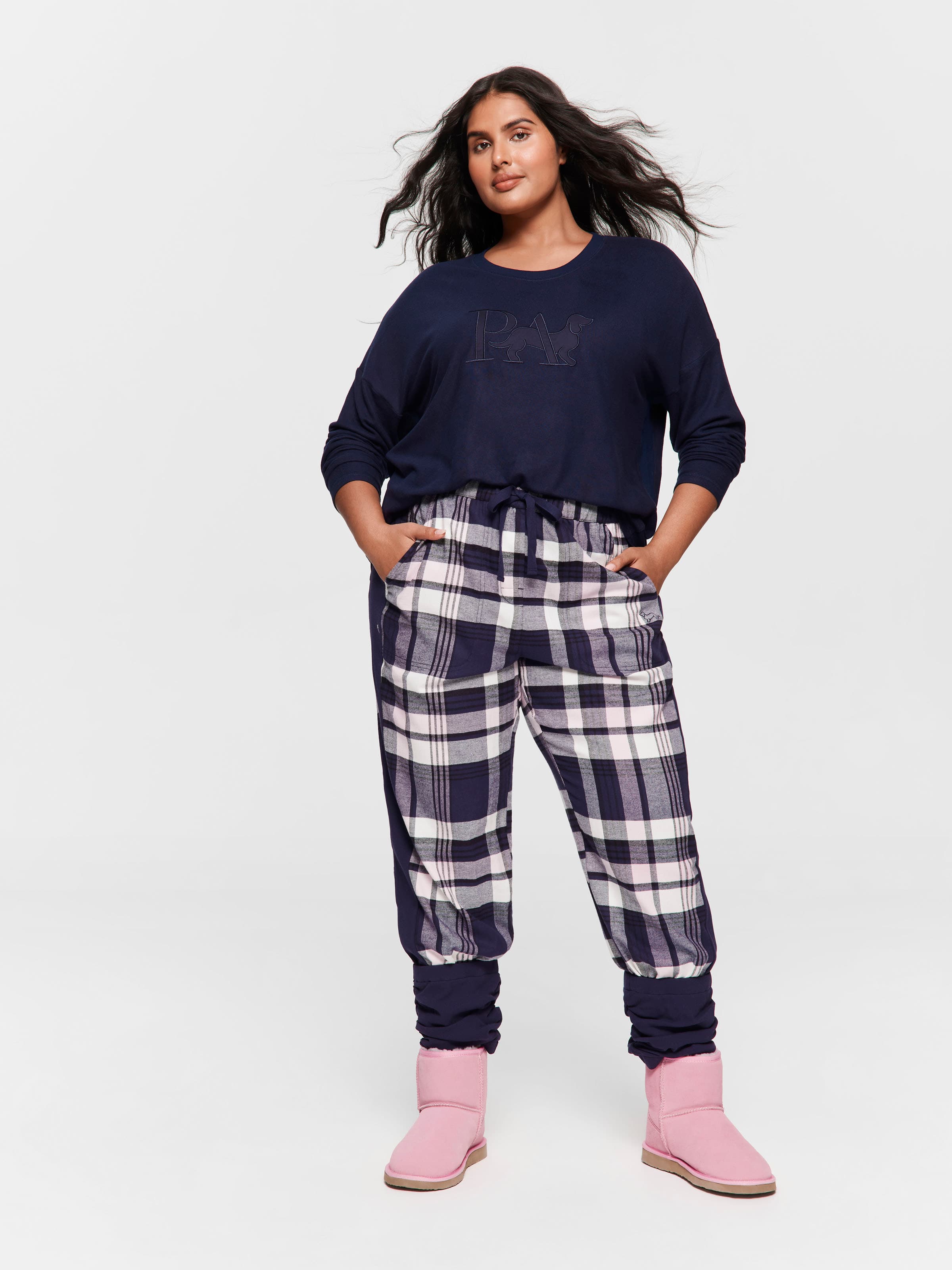 P.A. Plus Navy Check Legwarmer Flannelette Pj Pant