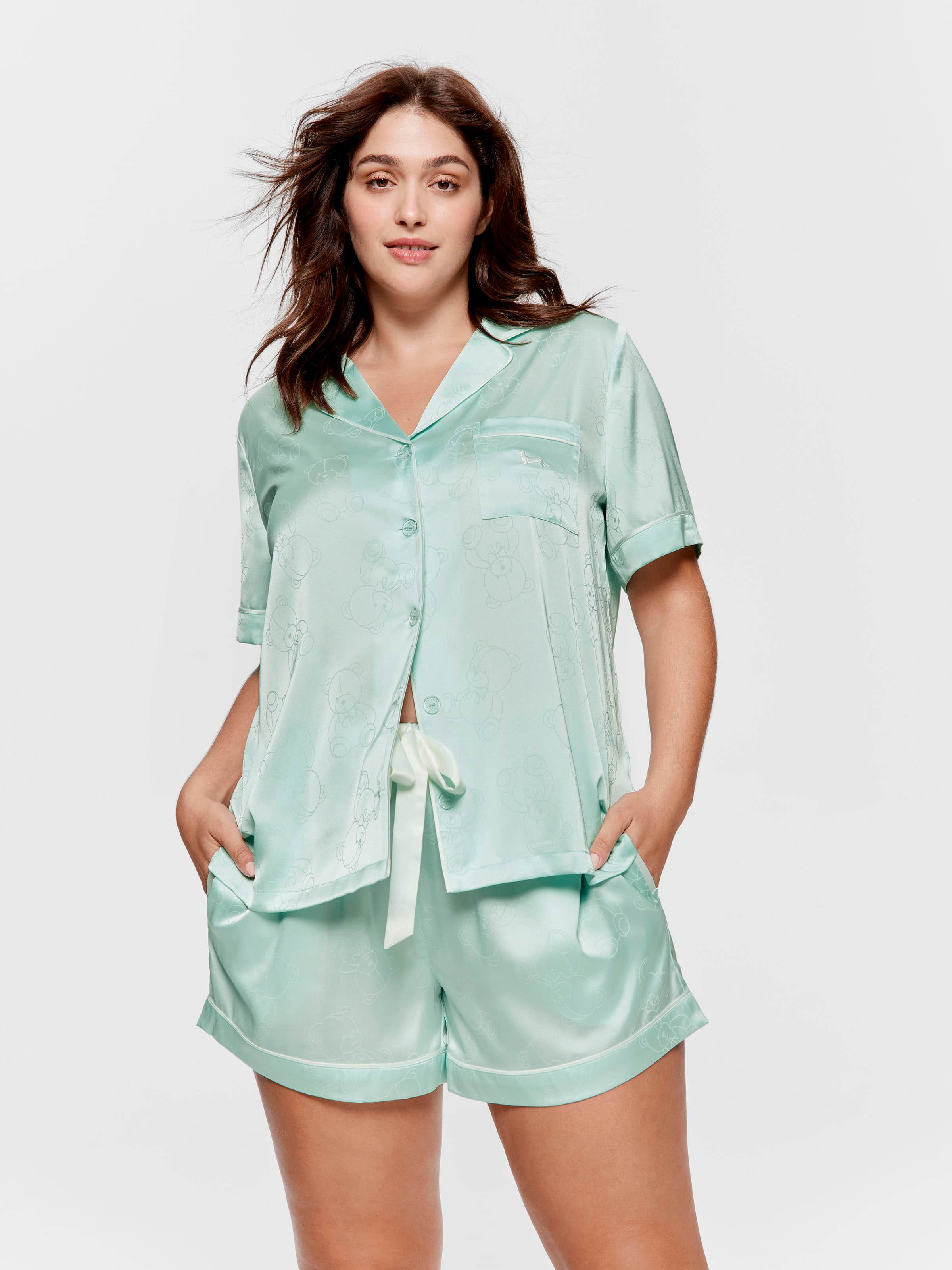 P.A. Plus Mint Teddy Bears Chic Satin Shortie Pj Set
