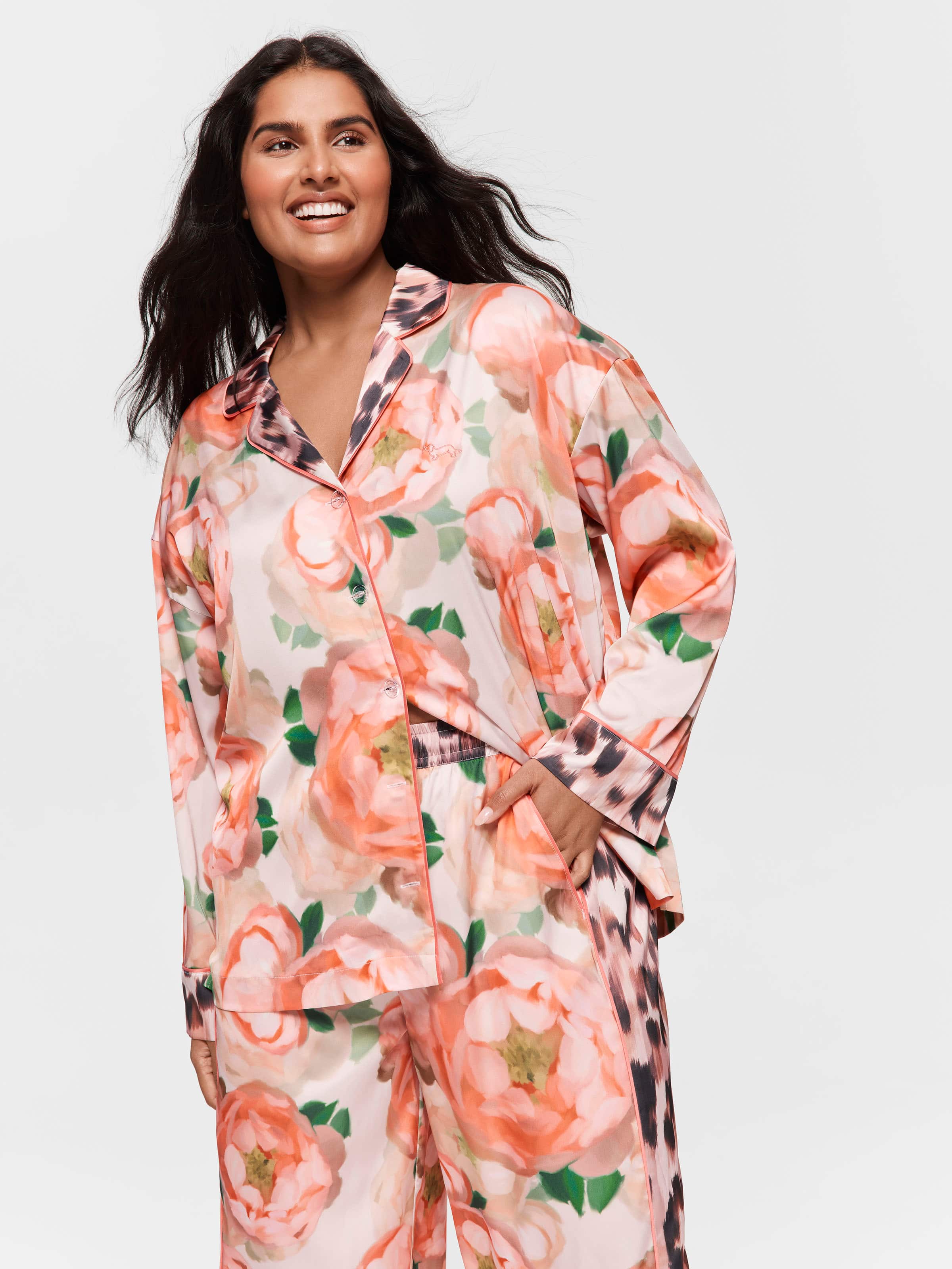 P.A. Plus Floral Leopard Satin Long Sleeve Pj Set
