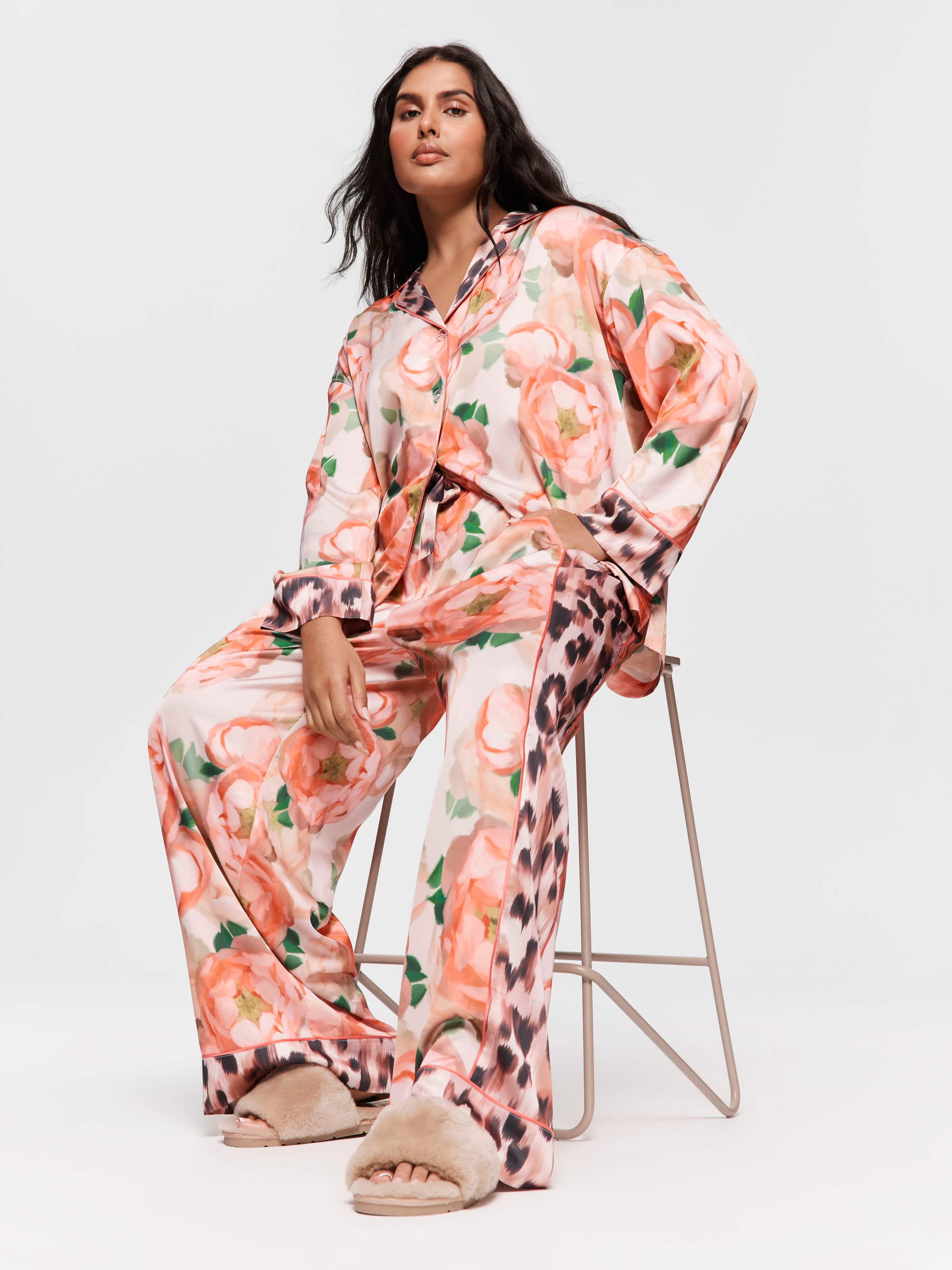 P.A. Plus Floral Leopard Satin Long Sleeve Pj Set