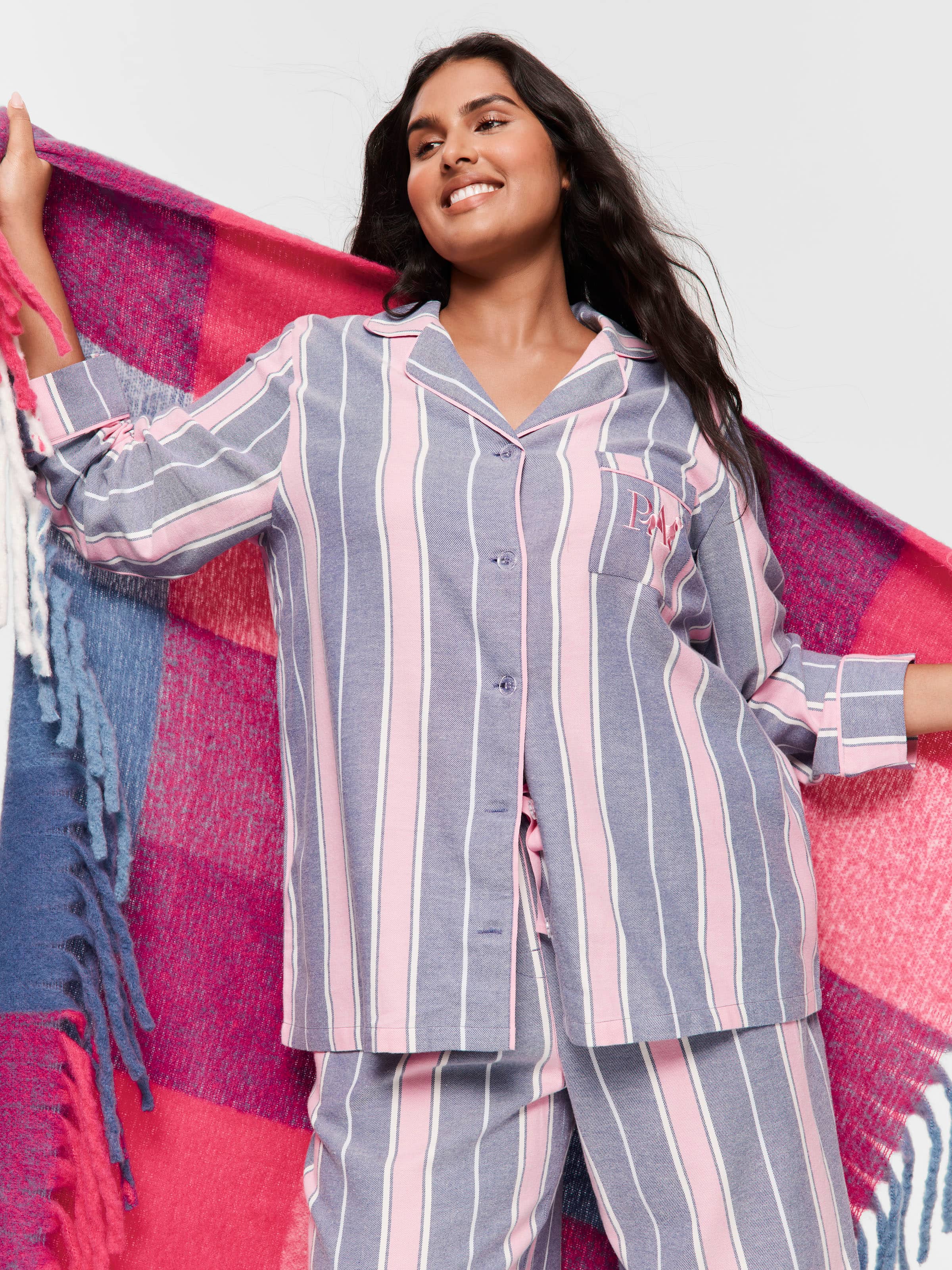 P.A. Plus Navy & Pink Stripe Classic Flannelette Pj Set