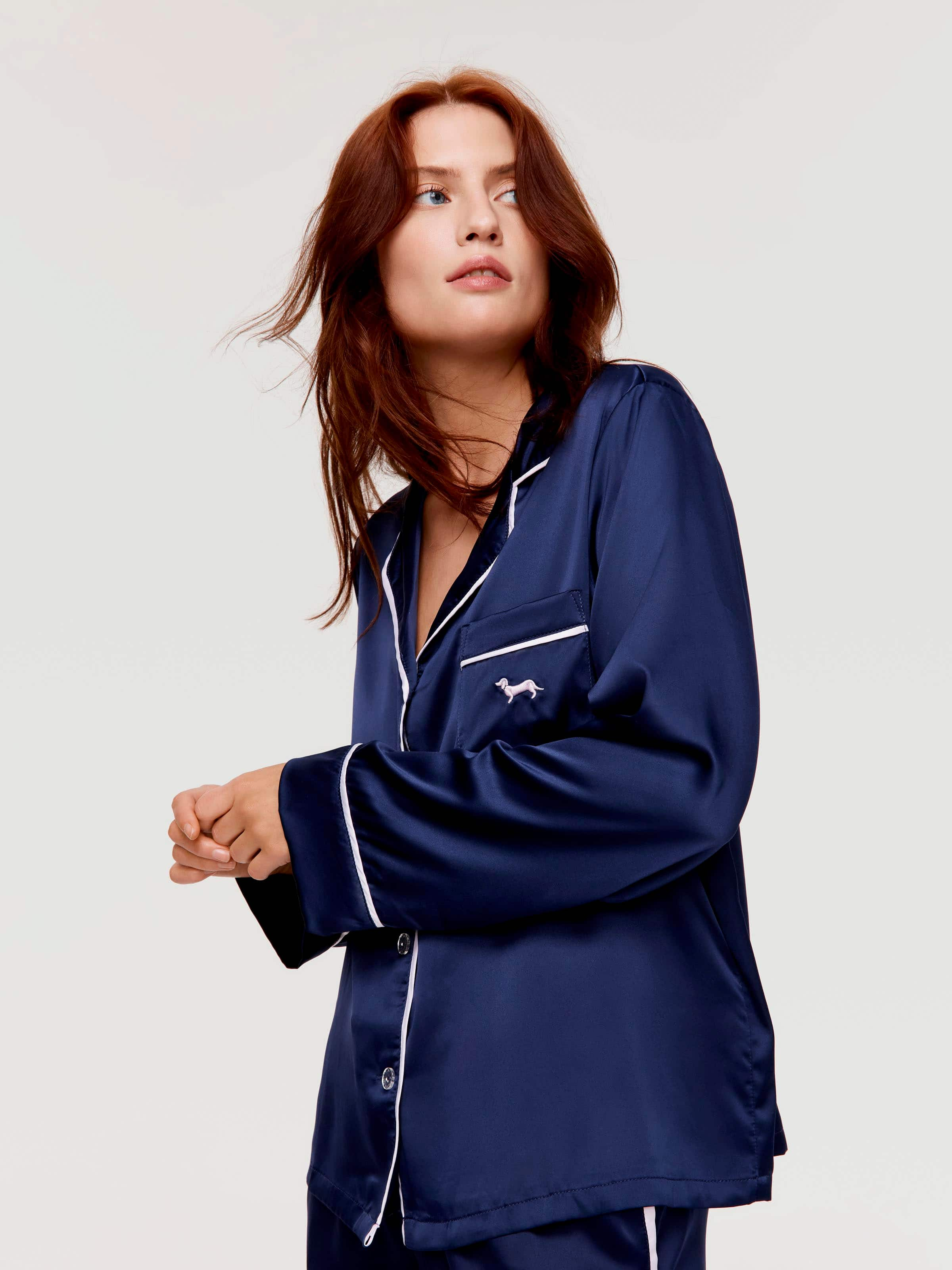 Tux Luxe Navy Satin Long Sleeve Shirt - Peter Alexander Online